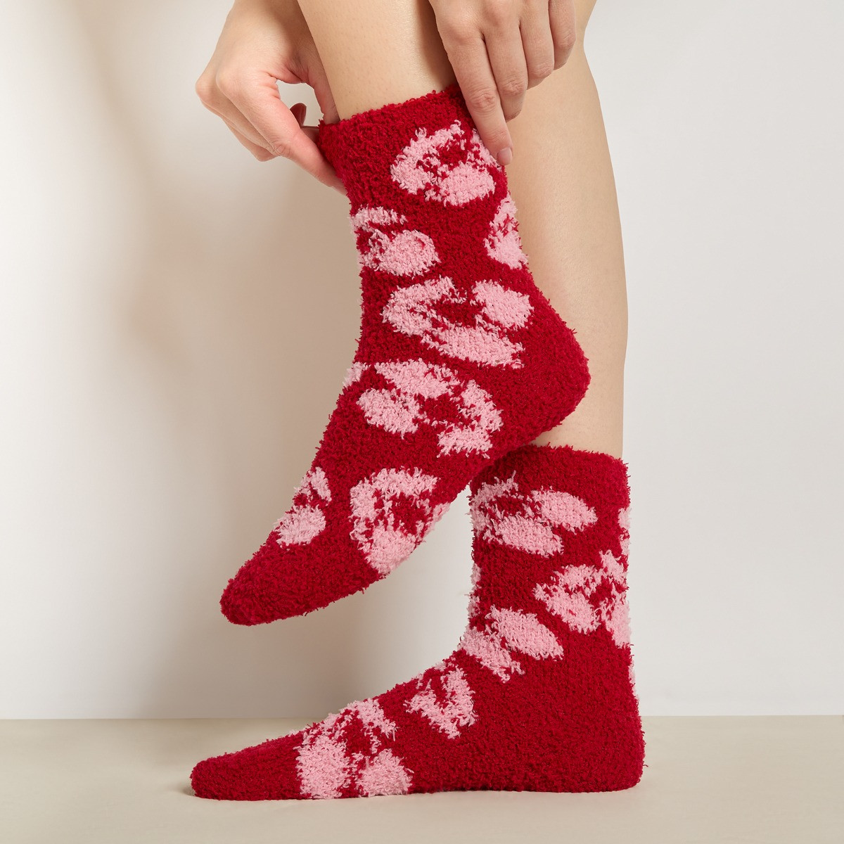 OHS Cherry Print Fluffy Fleece Socks, Pink/Red - 3 Pack>
