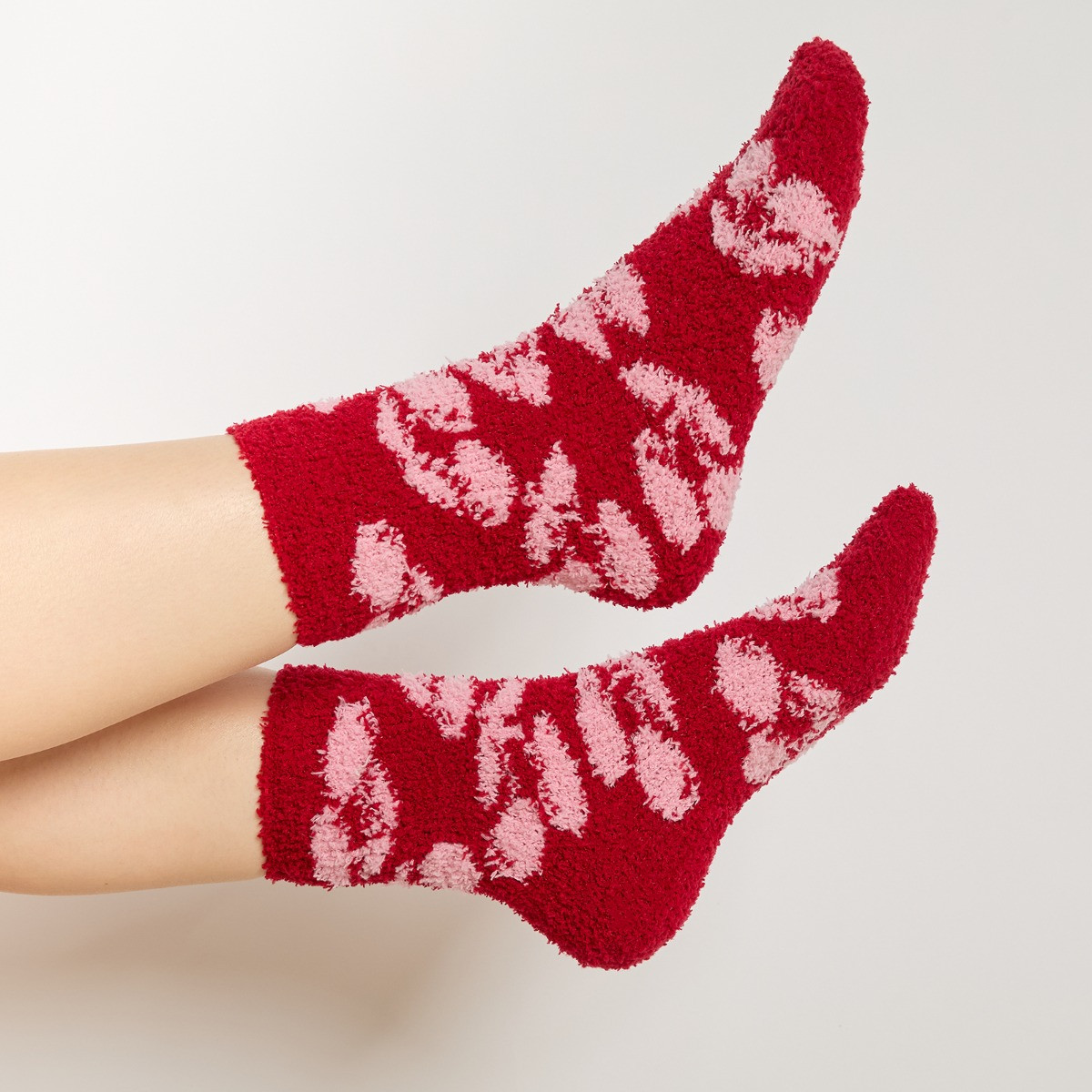 OHS Cherry Print Fluffy Fleece Socks, Pink/Red - 3 Pack>