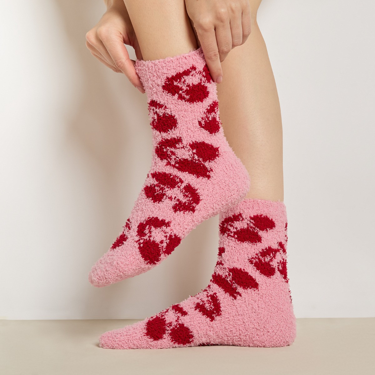 OHS Cherry Print Fluffy Fleece Socks, Pink/Red - 3 Pack>