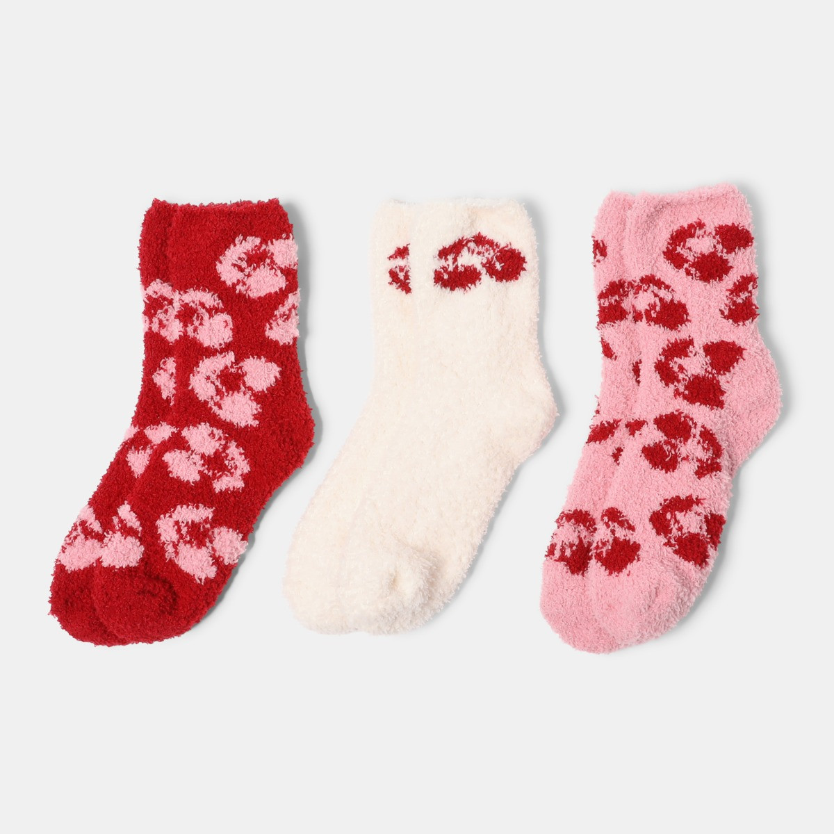 OHS Cherry Print Fluffy Fleece Socks, Pink/Red - 3 Pack>