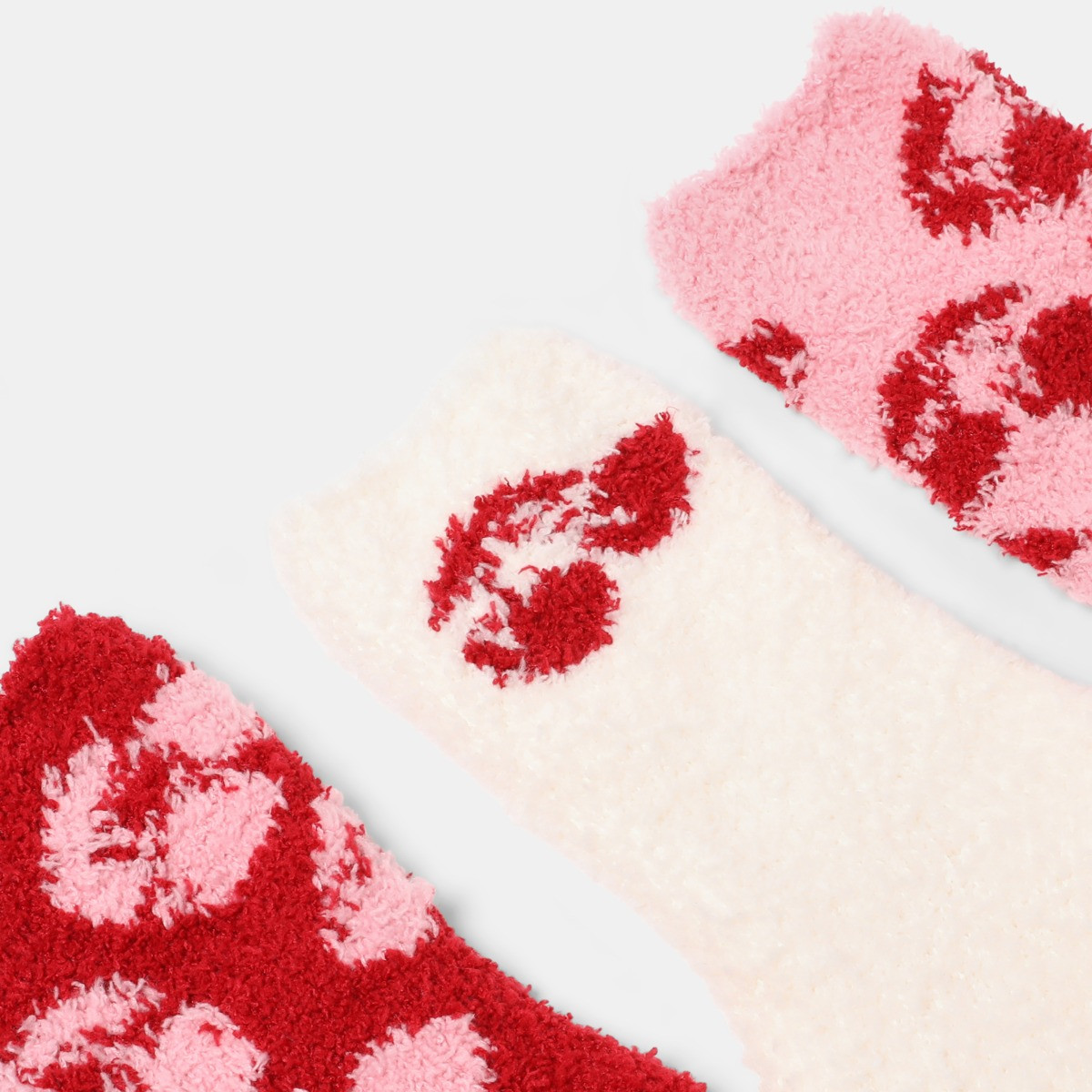 OHS Cherry Print Fluffy Fleece Socks, Pink/Red - 3 Pack>