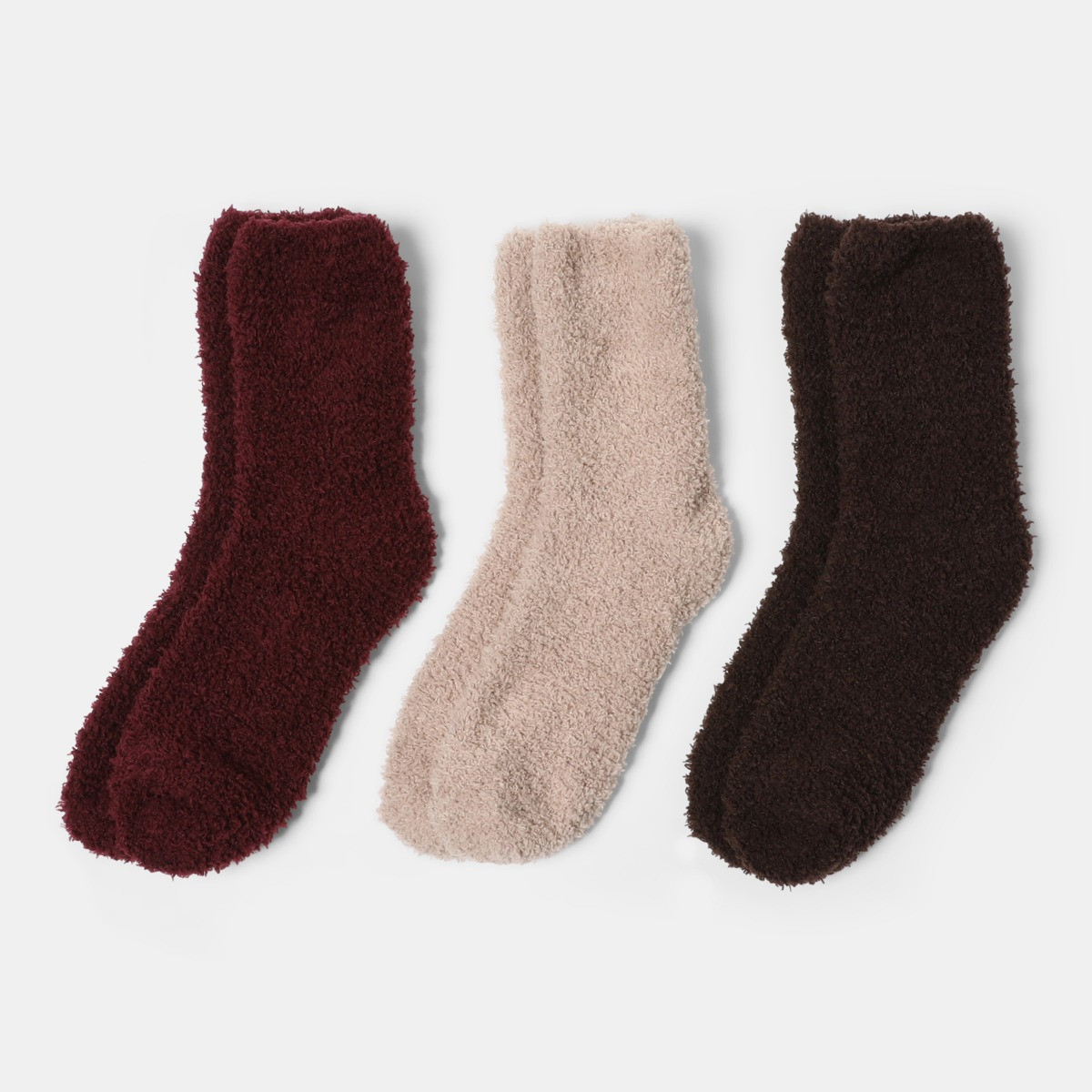 OHS 3 Pack Fluffy Fleece Socks - Burgundy Chocolate Natural>