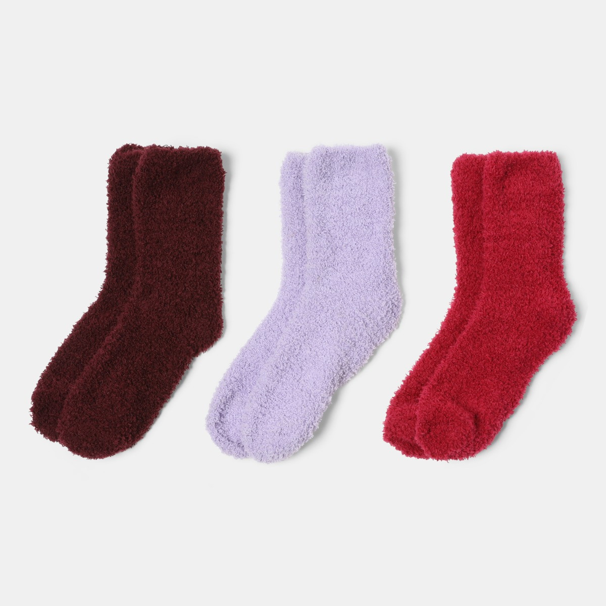 OHS 3 Pack Fluffy Fleece Socks - Lilac Red Burgundy>