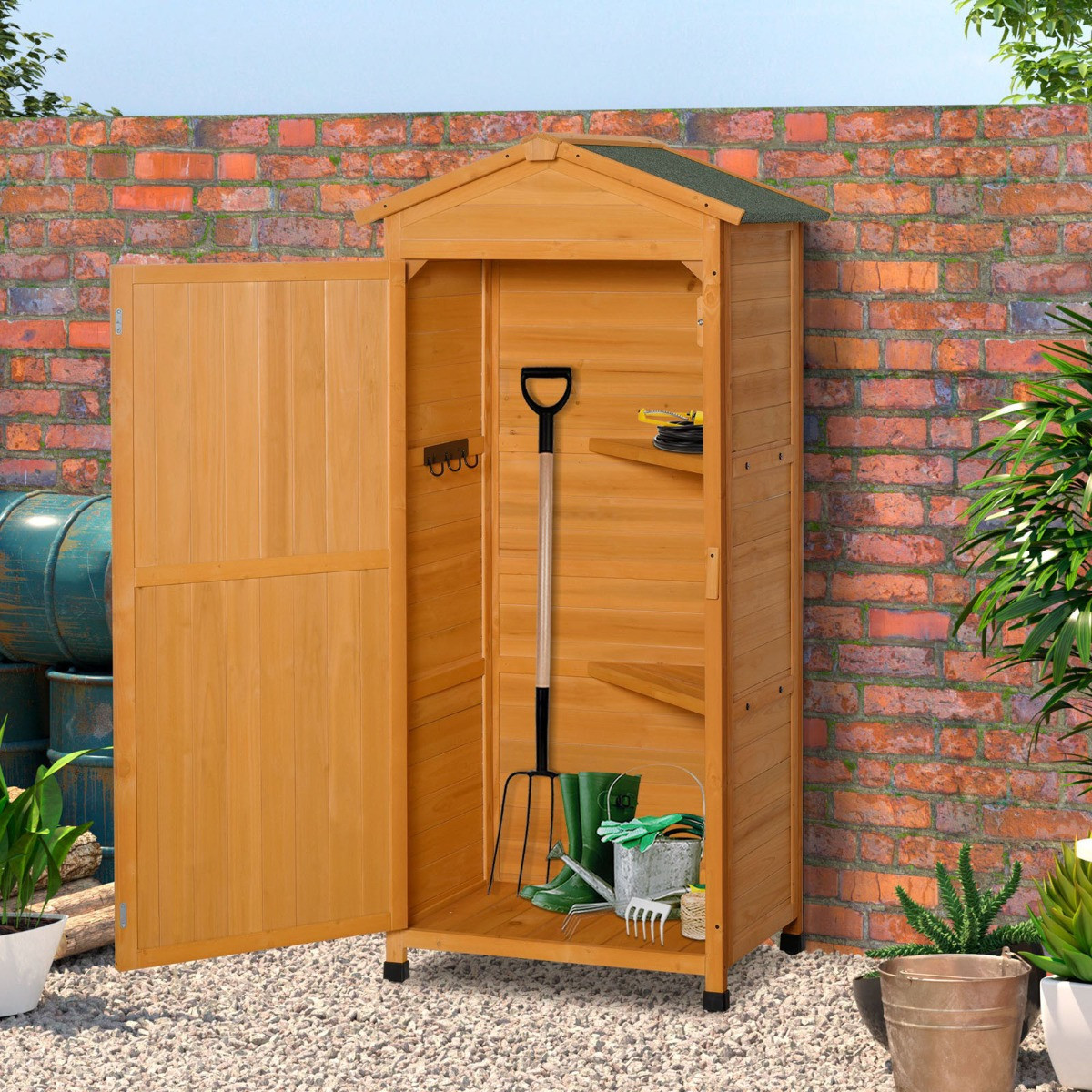 Outsunny Wooden Garden Storage Shed Cabinet, Natural Wood - Tall>