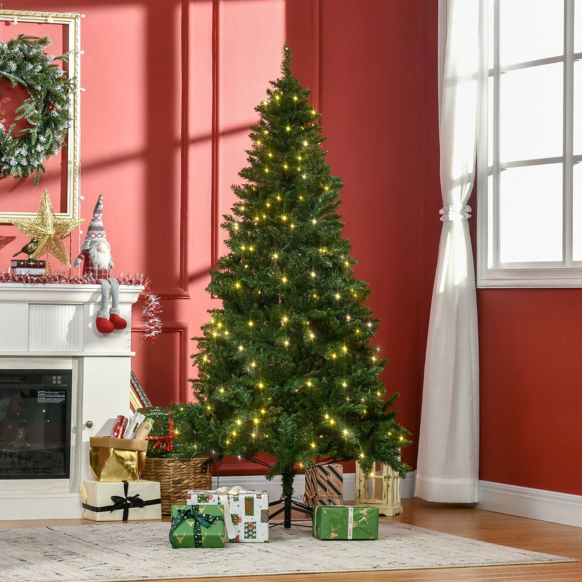 OHS Pre-Lit Artificial Christmas Tree With Warm White LED Lights, Green - 6ft>