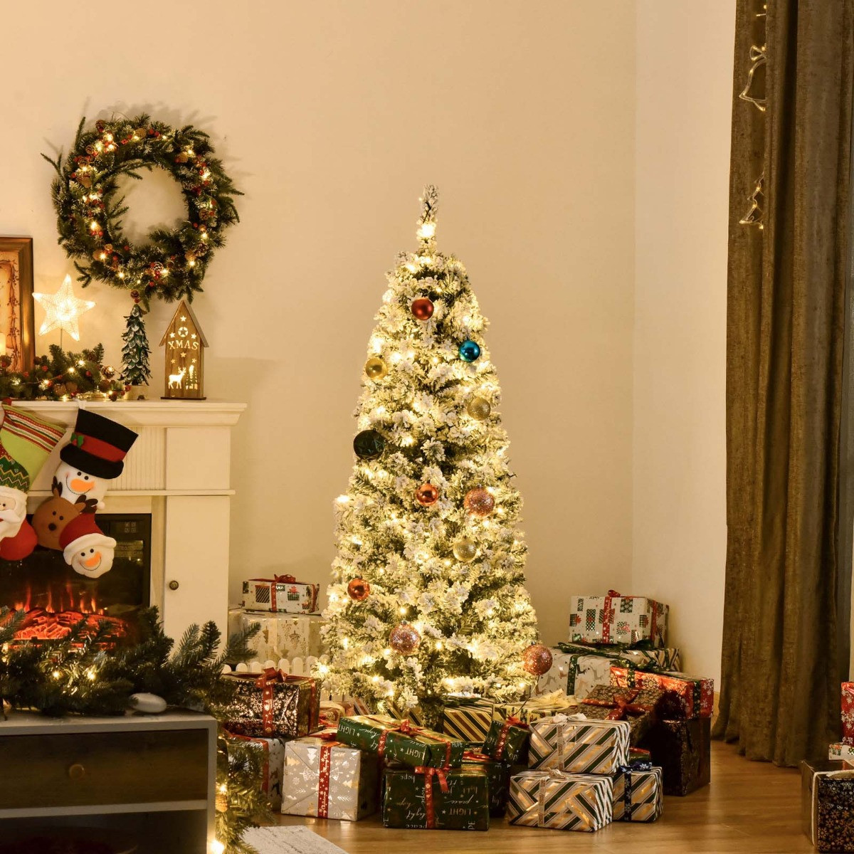 OHS Pre-Lit Artificial Snow Flocked Christmas Tree With Warm LED Lights, Green/White - 5ft>