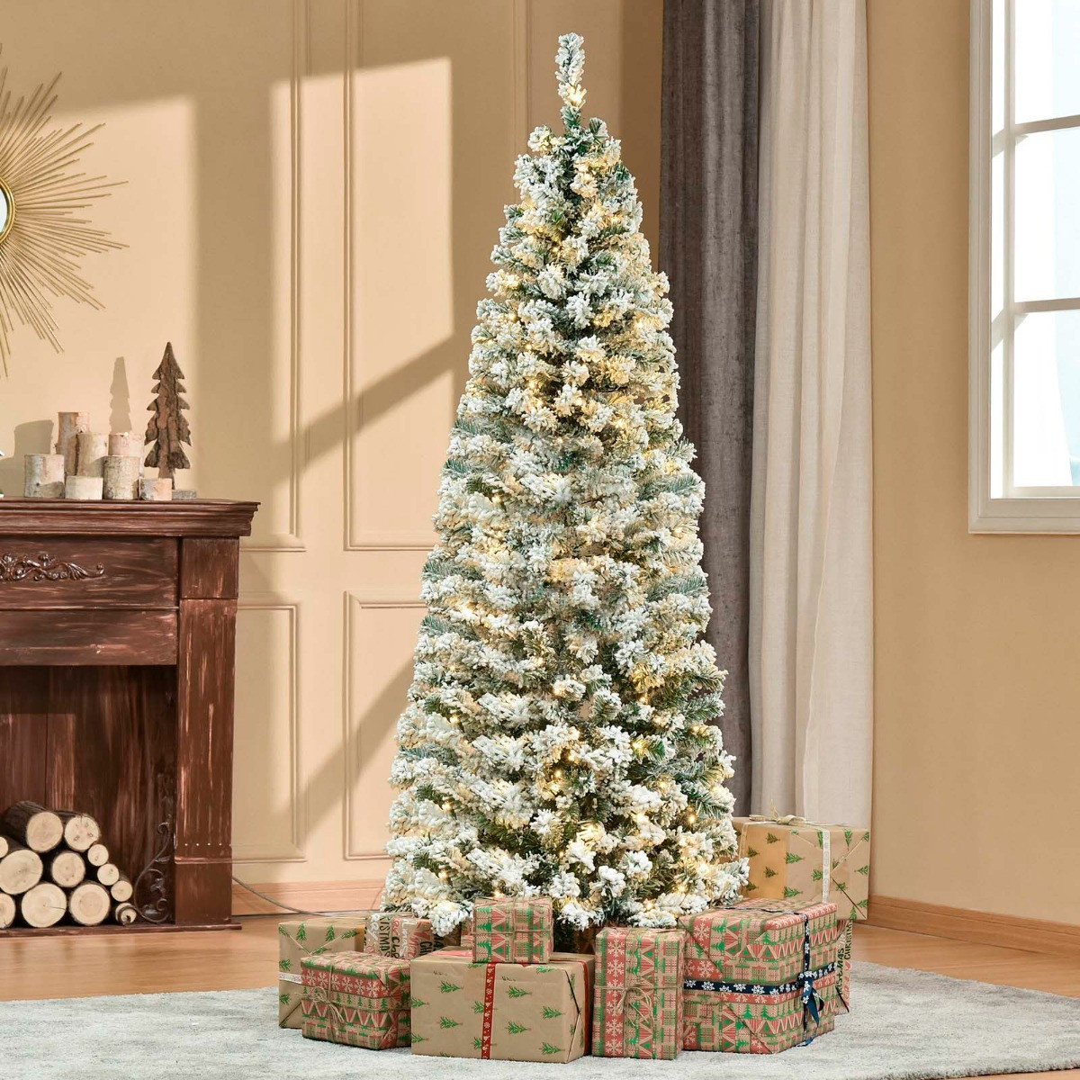 OHS Pre-Lit Artificial Snow Flocked Christmas Tree With Warm LED Lights, Green/White - 6ft>