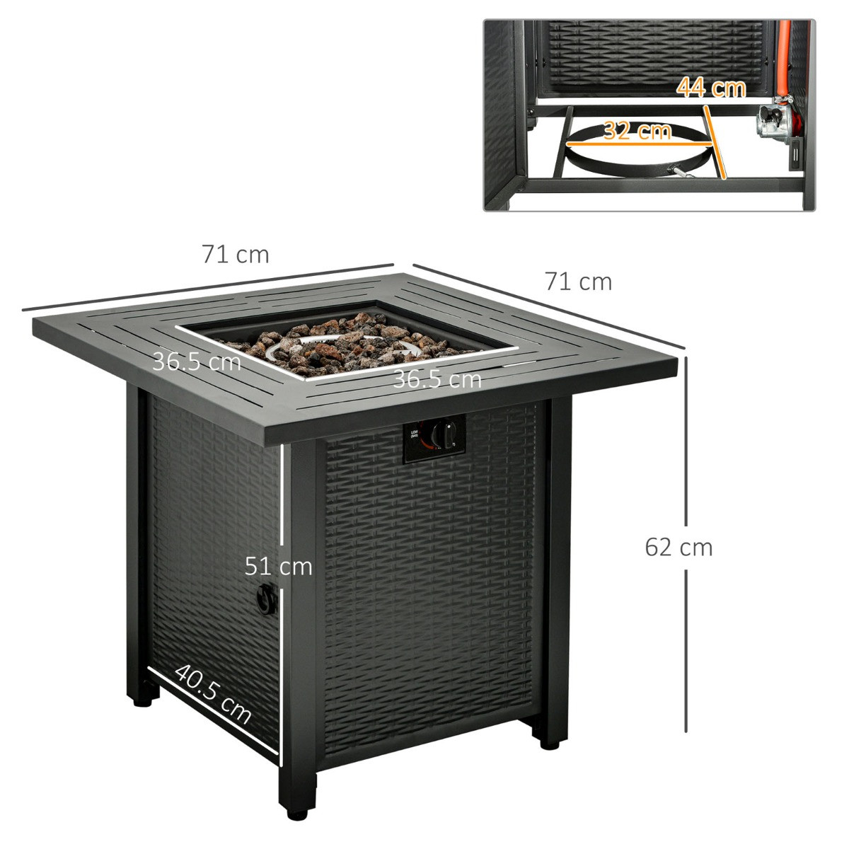 Outsunny Square Propane Gas Fire Pit Table Black