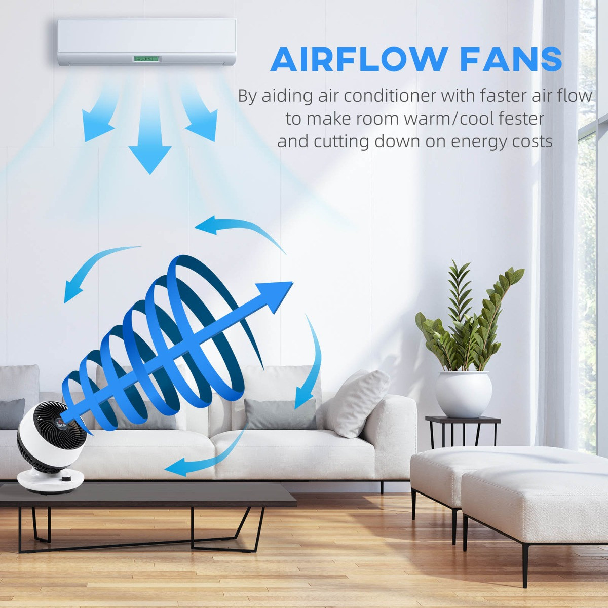 Homcom Oscillating Air Circulator Desk Fan - White>