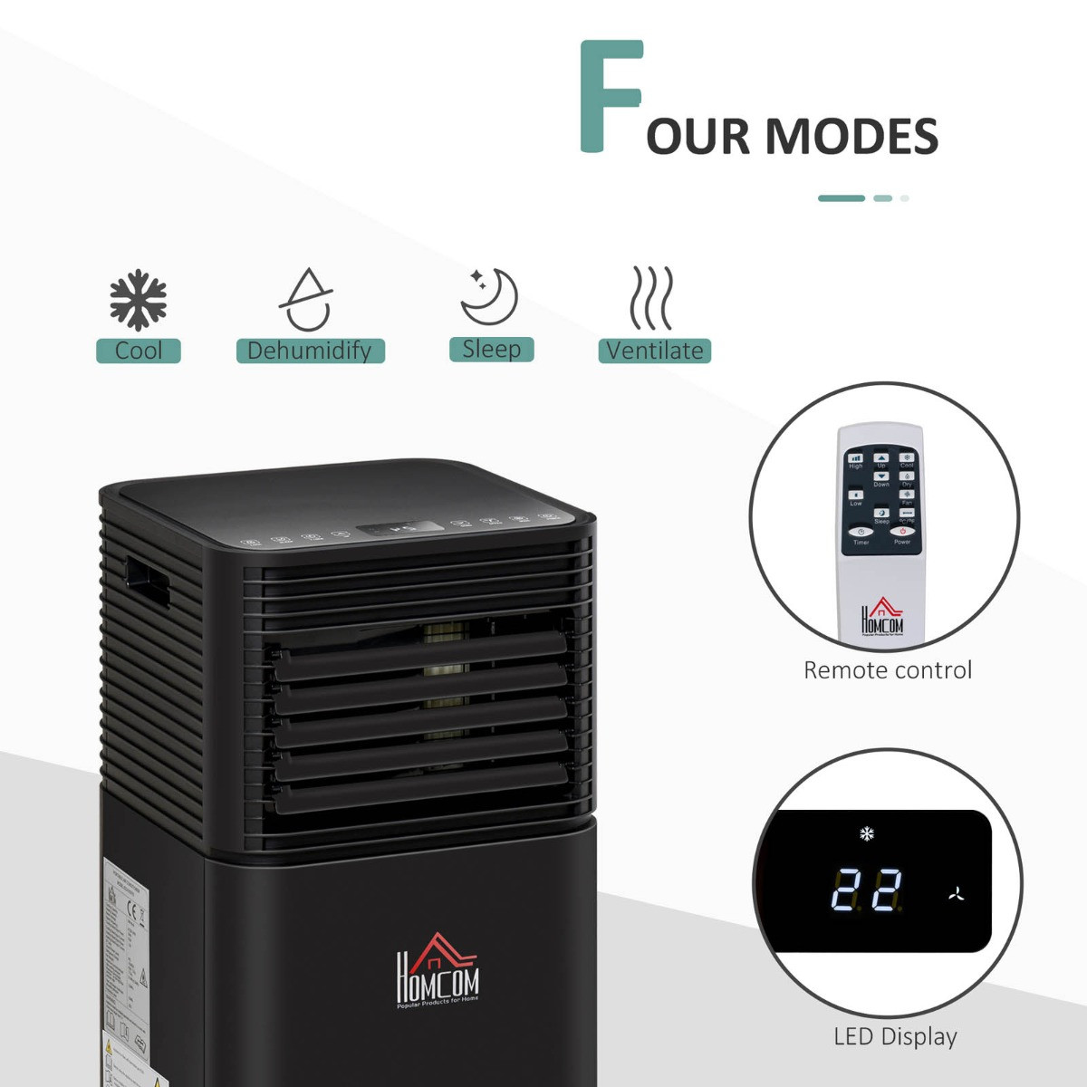 Homcom 4-in-1 Portable Air Conditioner Unit, Black - 7000 BTU>