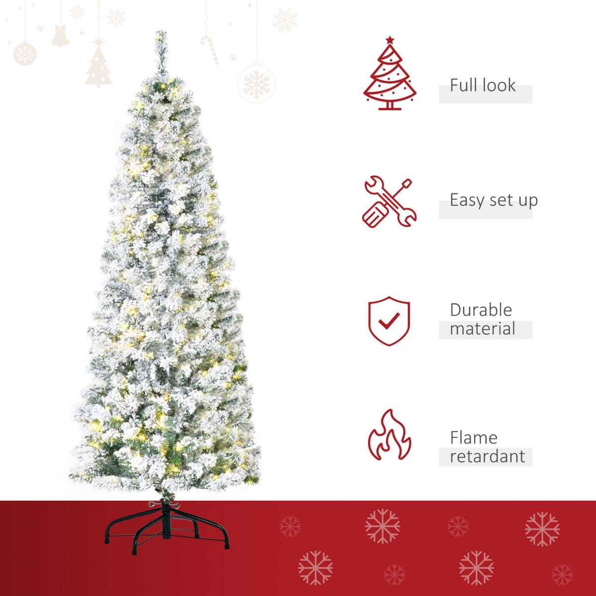 OHS Pre-Lit Artificial Snow Flocked Christmas Tree With Warm LED Lights, Green/White - 6ft>