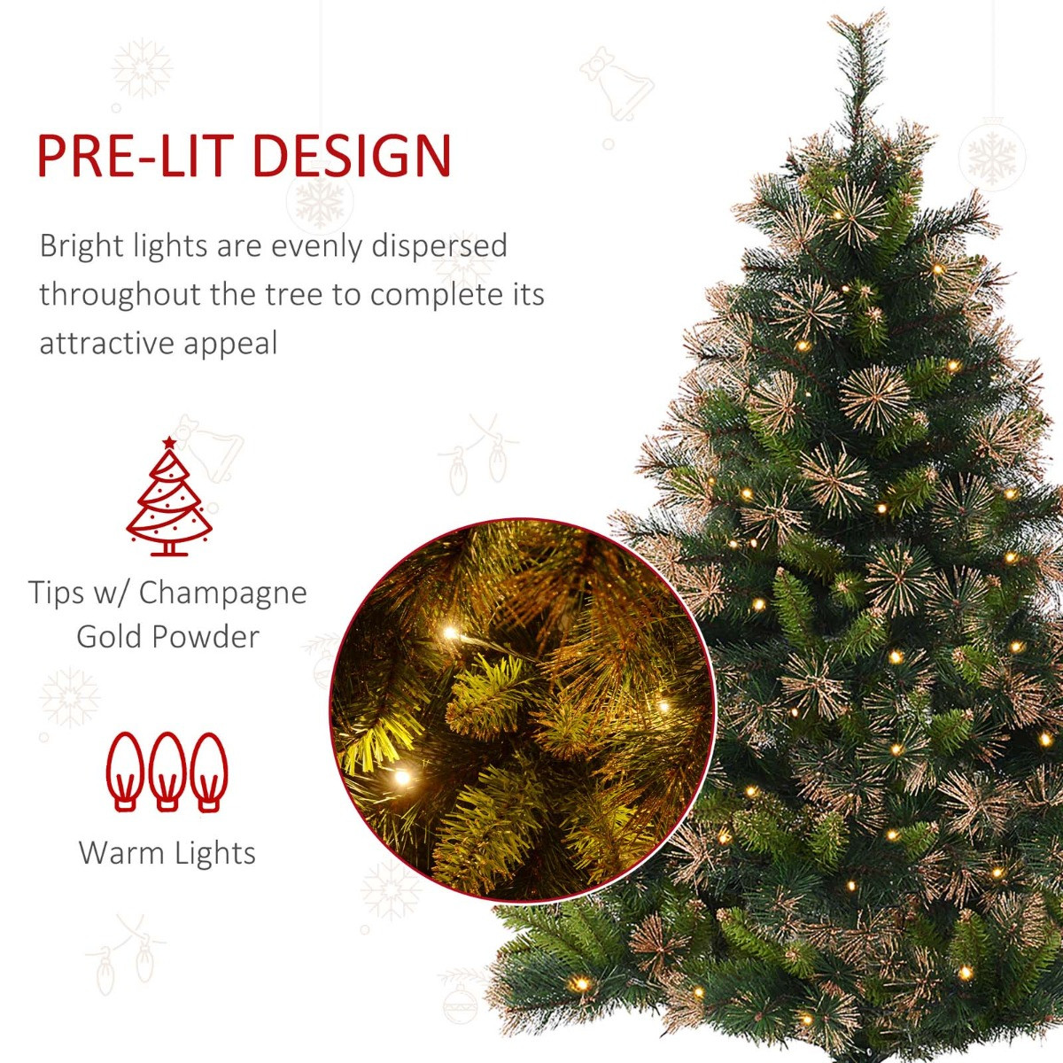 OHS Pre Lit Artificial Christmas Tree With Warm LED Lights, Green With Gold Accents - 5ft>