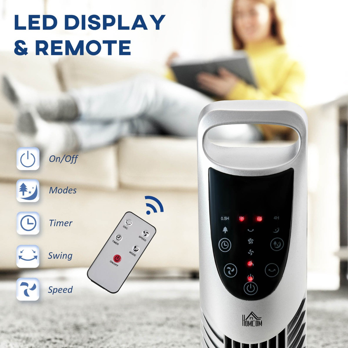 Homcom 36" Oscillating LED Tower Fan - Silver>