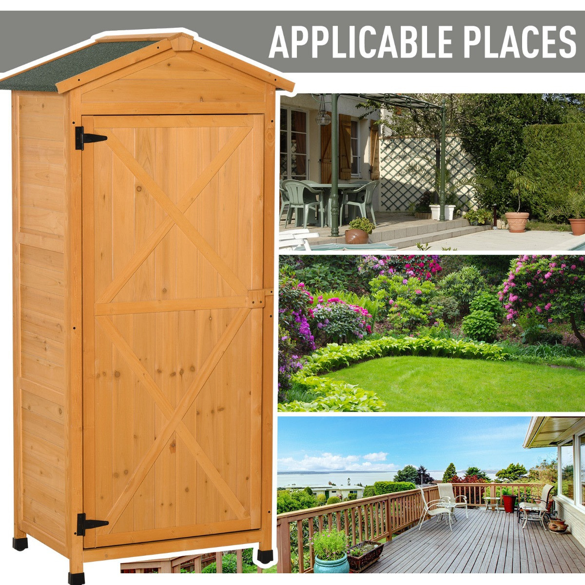 Outsunny Wooden Garden Storage Shed Cabinet, Natural Wood - Tall>