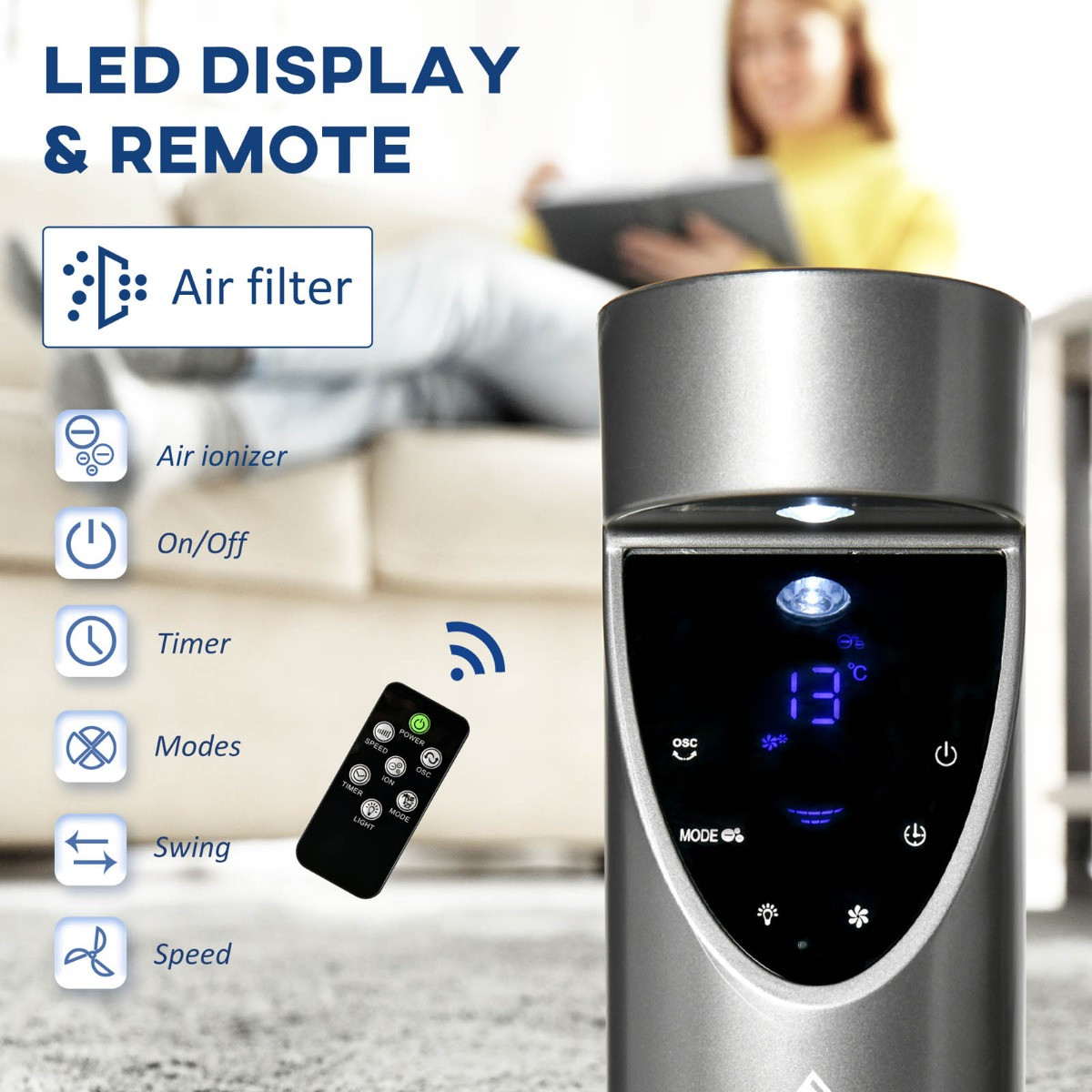 Homcom 46" Ionizing Tower Fan With Air Filter - Grey>