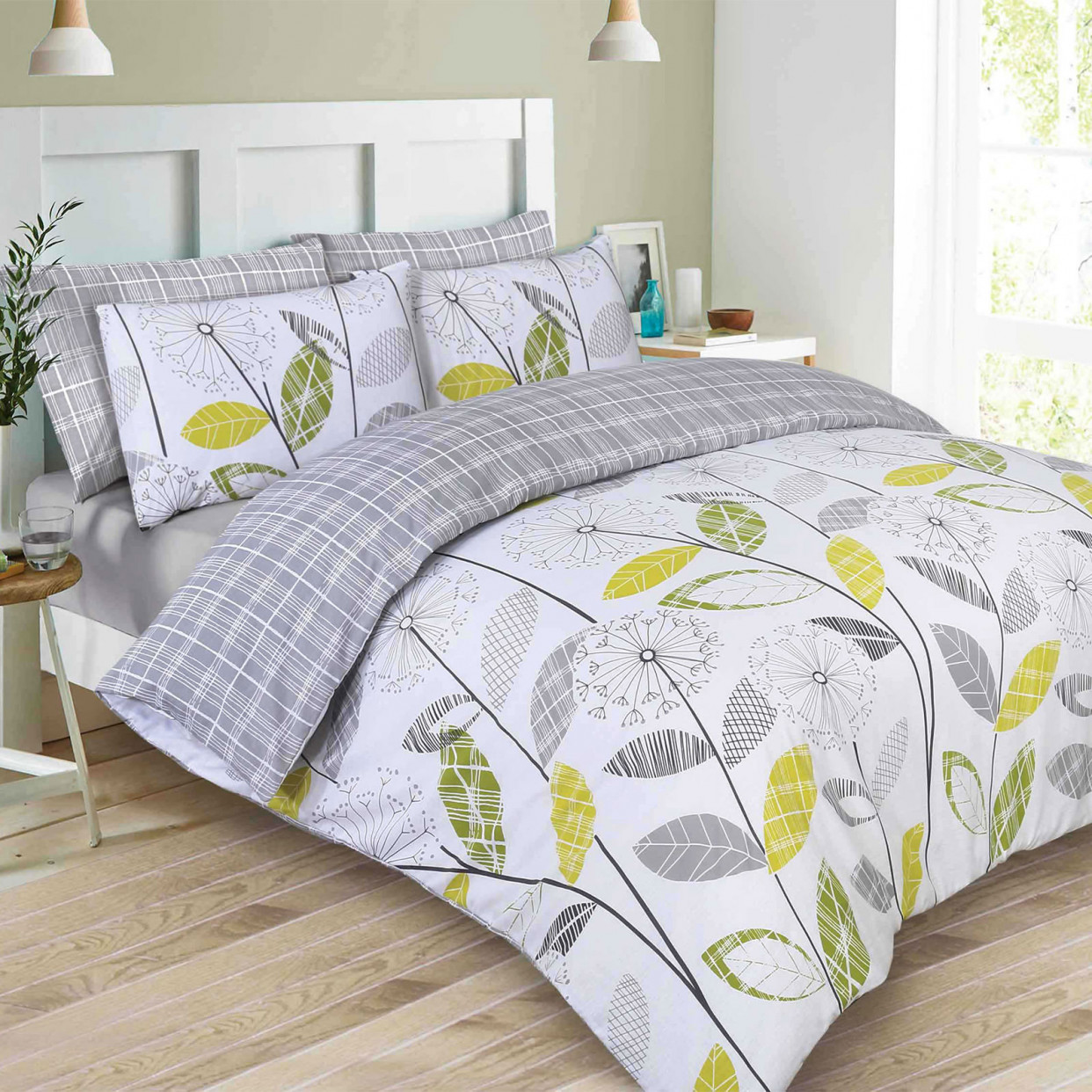 Dreamscene Allium Floral Tartan Check Bedding King Size Duvet Cover Set - Grey/White>
