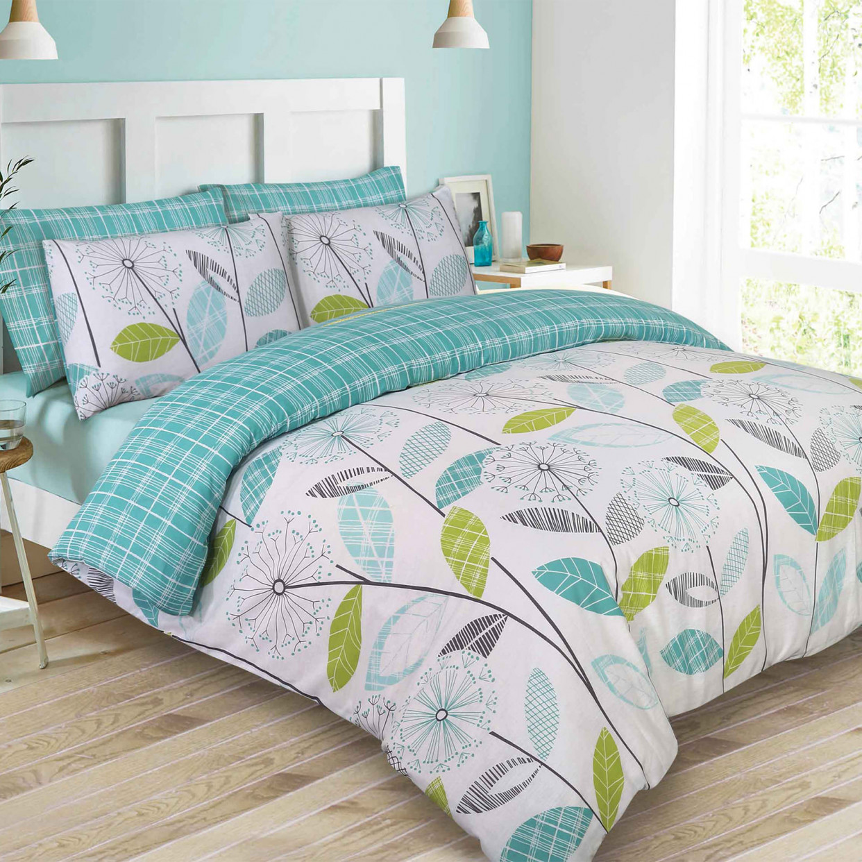 Dreamscene Allium Floral Tartan Check Bedding Double Duvet Cover Set - Teal/Green>