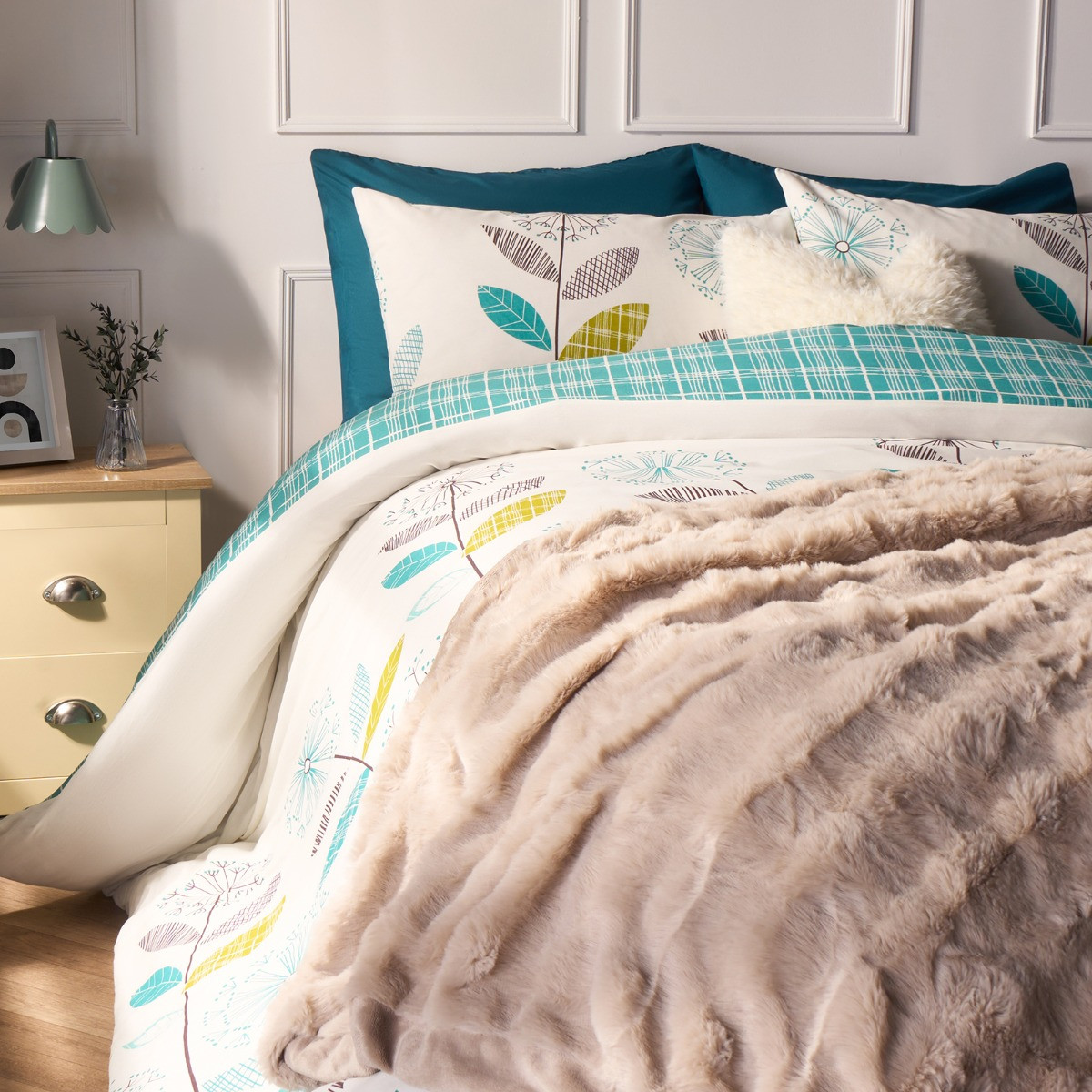 OHS Allium Floral Tartan Check Bedding King Size Duvet Cover Set - Teal/Green>