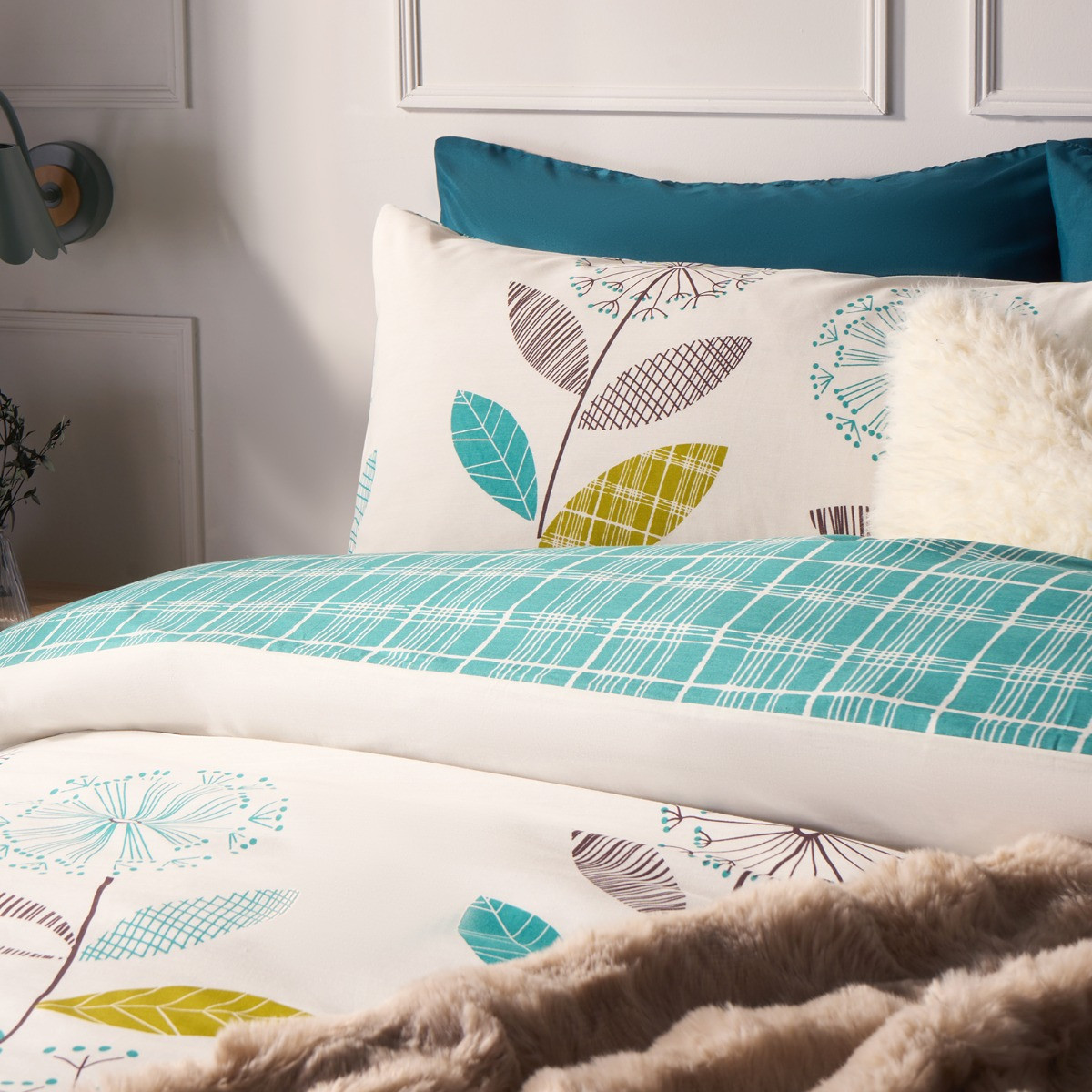 OHS Allium Floral Tartan Check Bedding King Size Duvet Cover Set - Teal/Green>