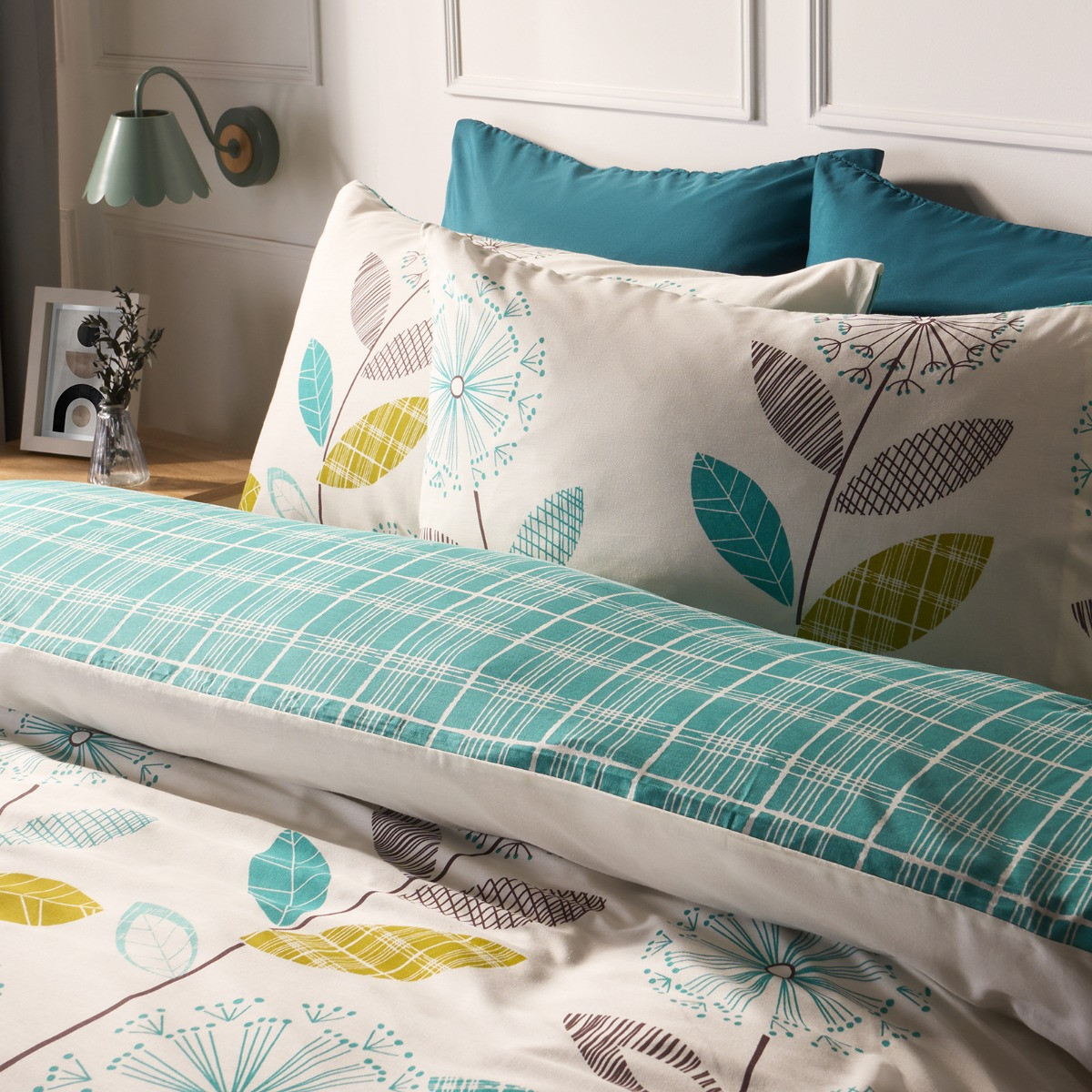 OHS Allium Floral Tartan Check Bedding King Size Duvet Cover Set - Teal/Green>