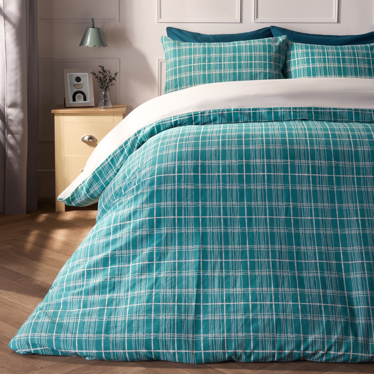 OHS Allium Floral Tartan Check Duvet Cover Set - Teal/Green>