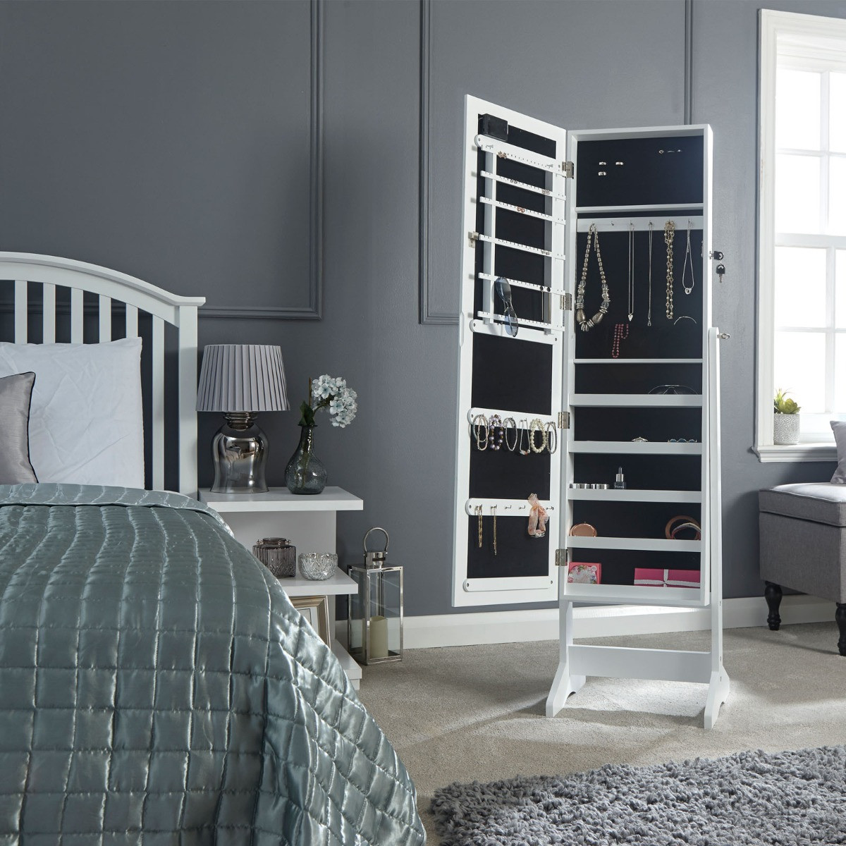 Amore Jewellery Armoire With LED Lights - White>