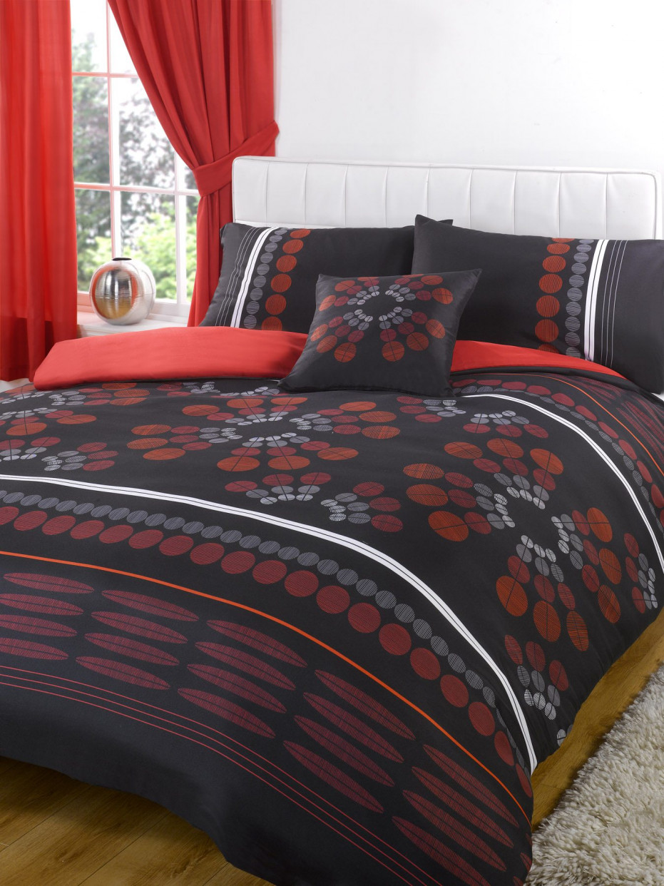 Aster Bumper Bedding Set with Curtains, Black/Red - Single>