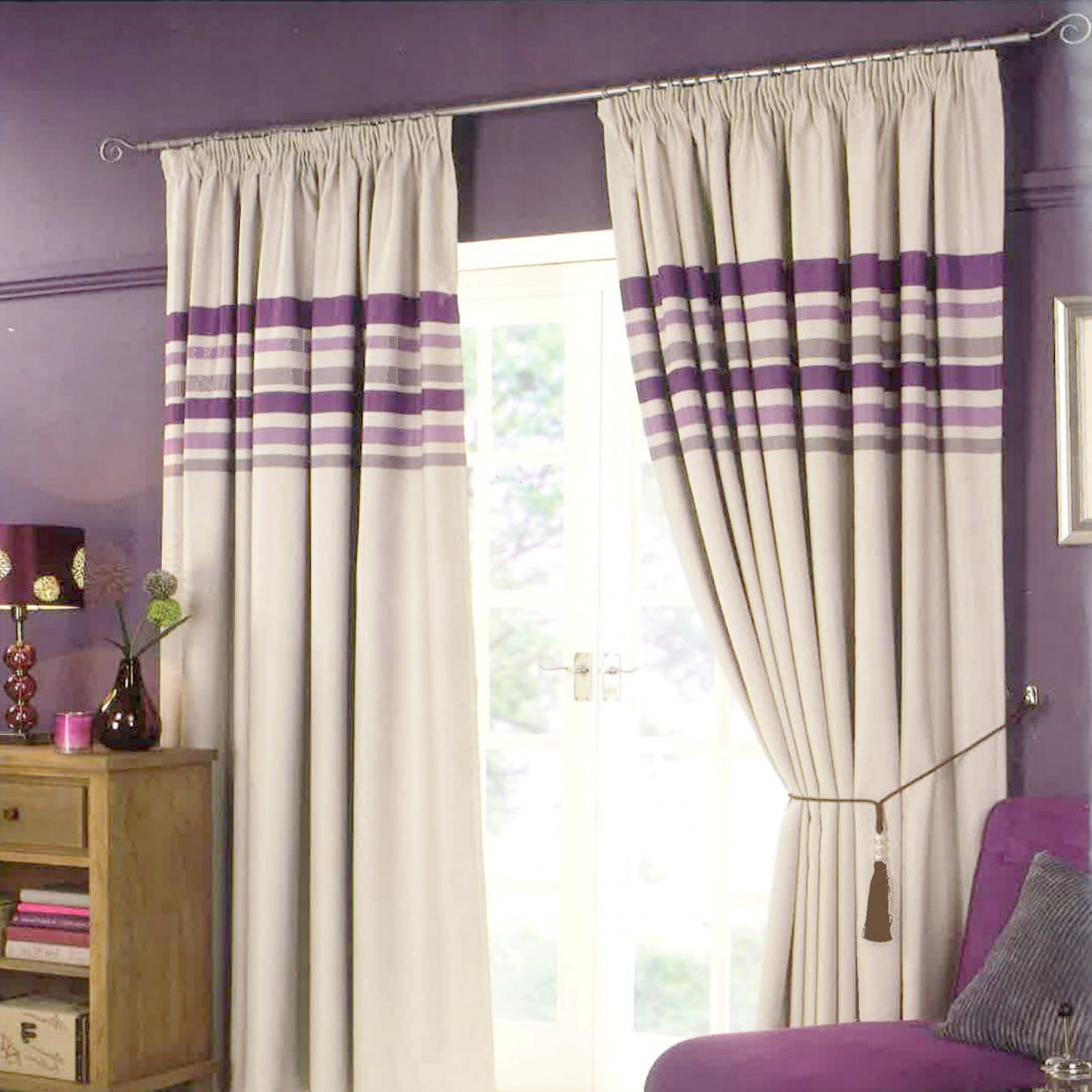 Pencil Pleat Striped Curtains - Aubergine>