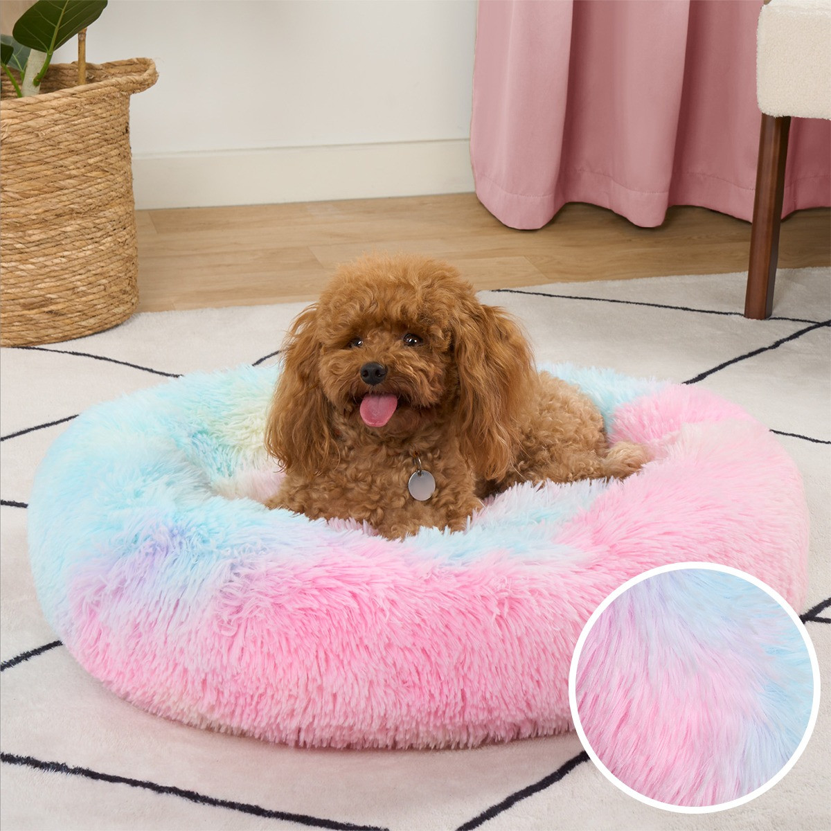 OHS Fluffy Round Calming Pet Bed, Tie Dye - Medium>