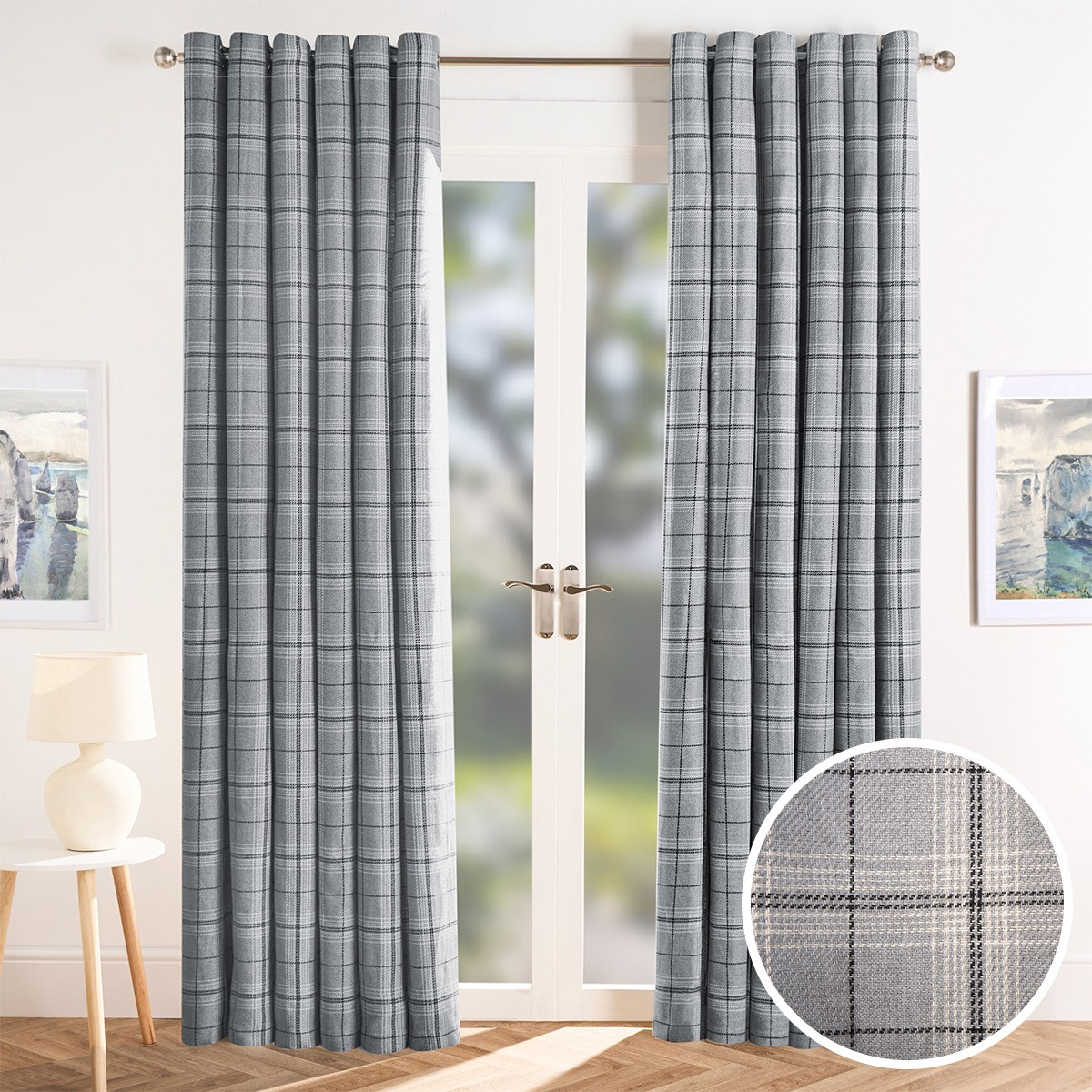 OHS Woven Texture Check Print Eyelet Blackout Curtains, Grey - 46 x 54">