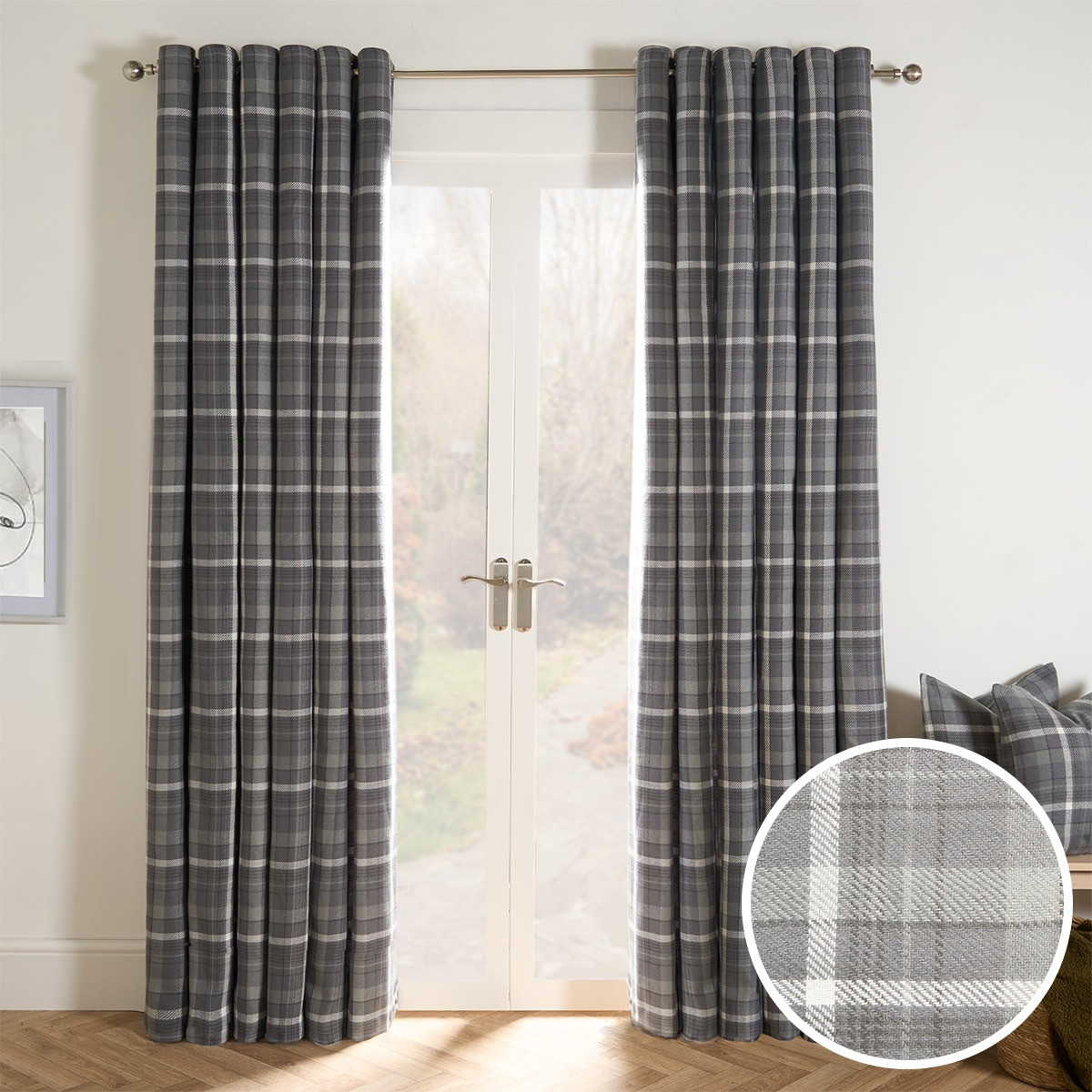 OHS Woven Check Eyelet Curtains, Winsford Charcoal - 90 x 90">