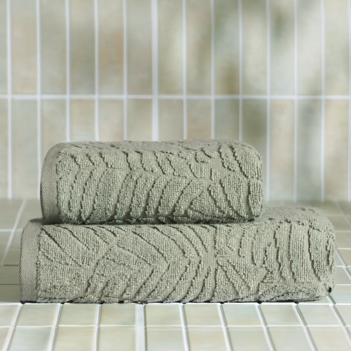 OHS Jacquard Texture Leaf Towel, Sage Green - Bath Towel>