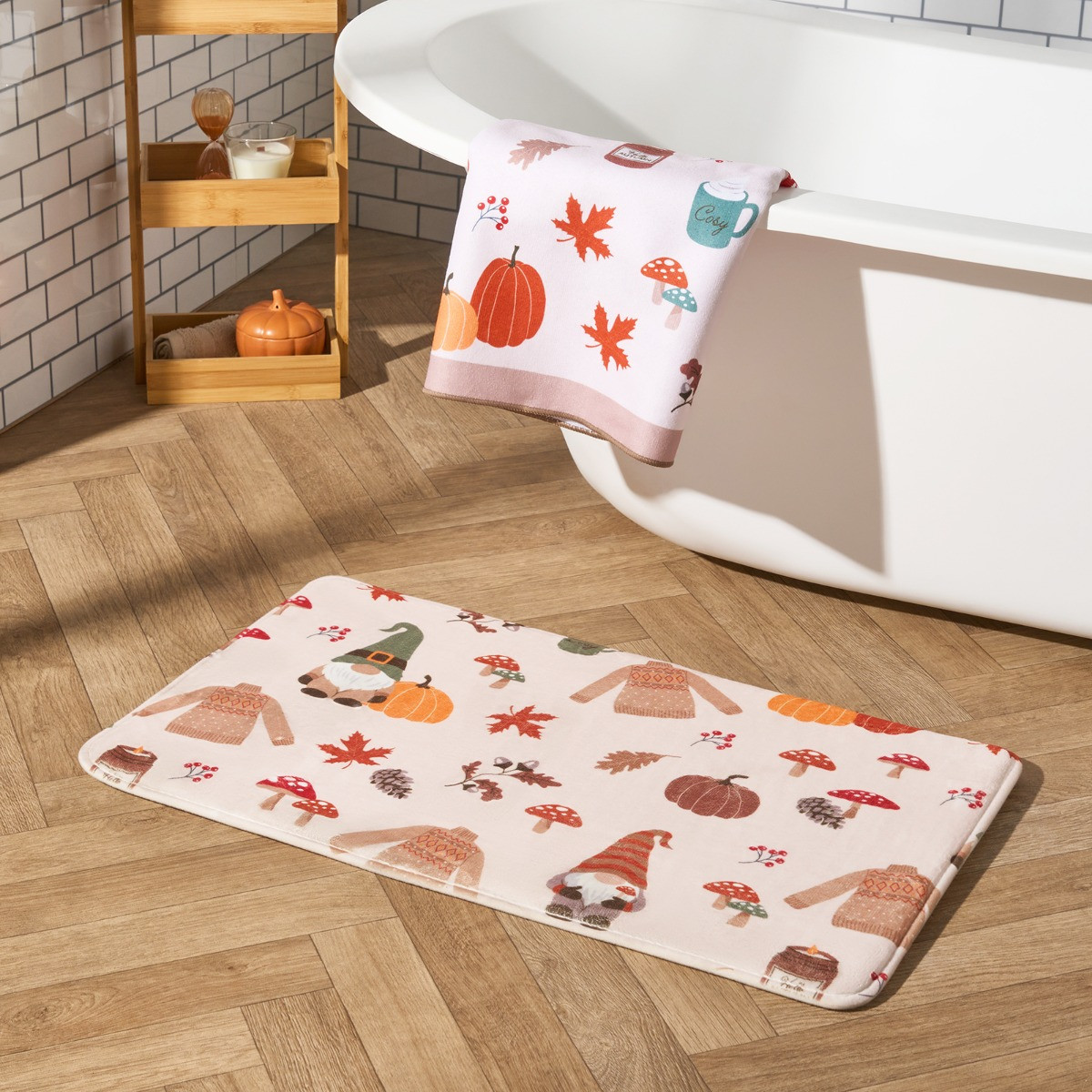 OHS Autumnal Gonk Print Foam Bath Mat - Natural>
