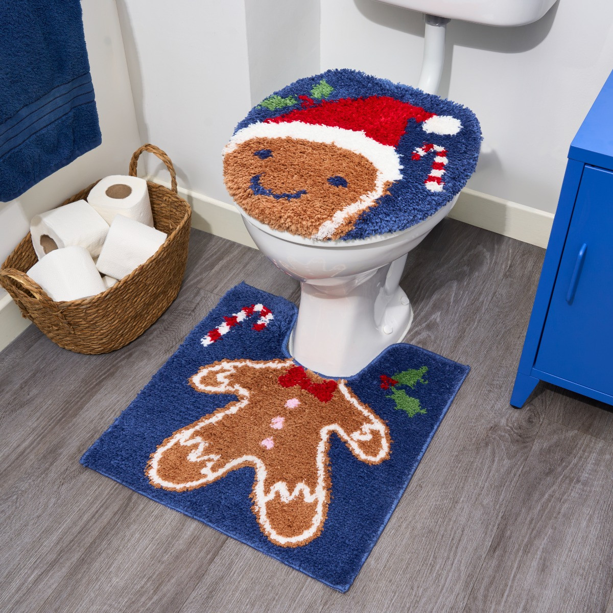OHS Gingerbread Pedestal Mat & Toilet Seat Cover - Navy>