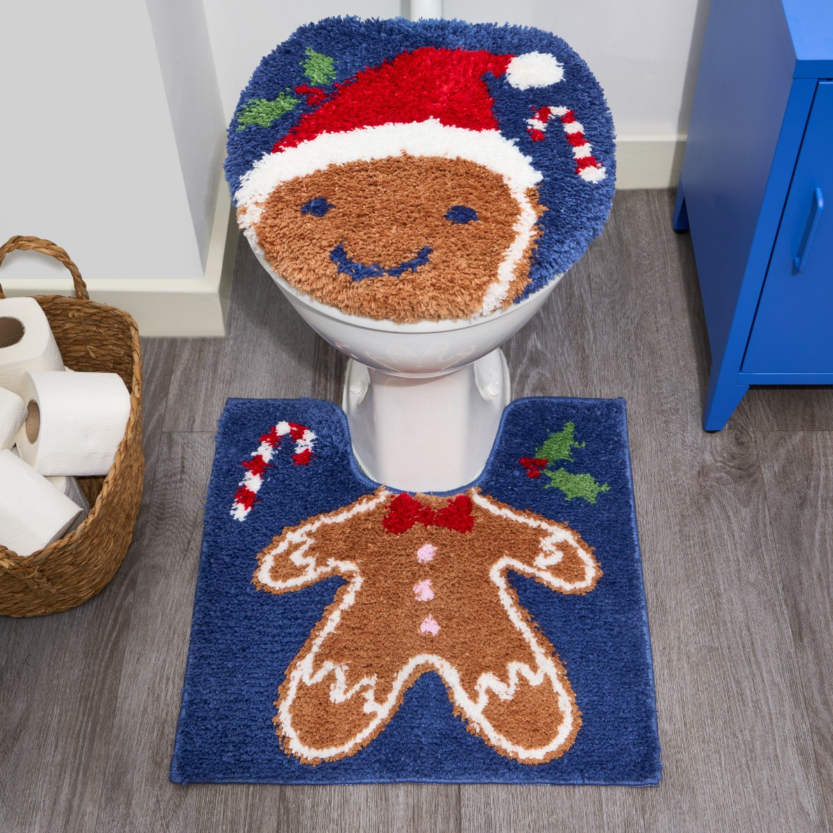 OHS Gingerbread Pedestal Mat & Toilet Seat Cover - Navy>