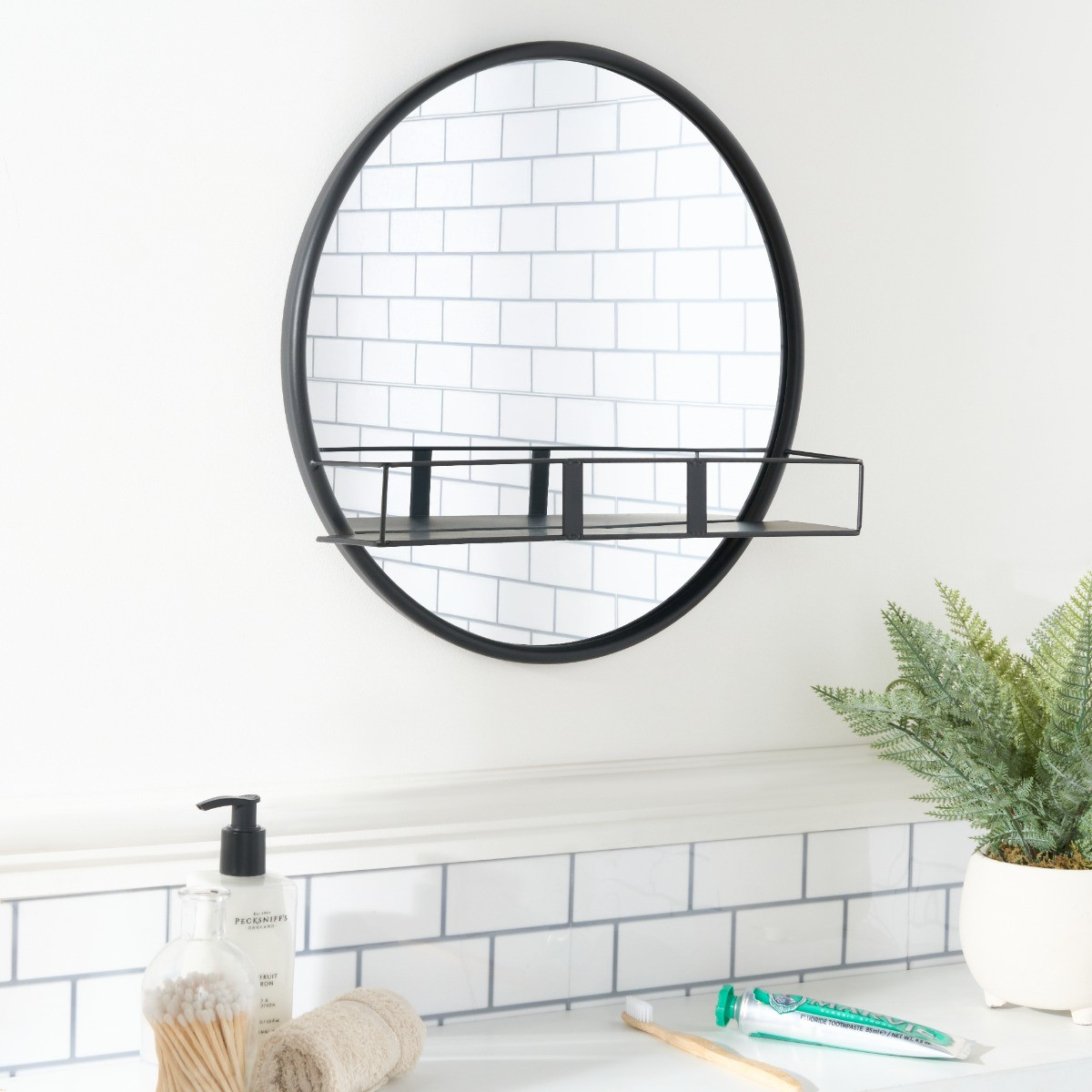 OHS Round Mirror with Shelf - Black>