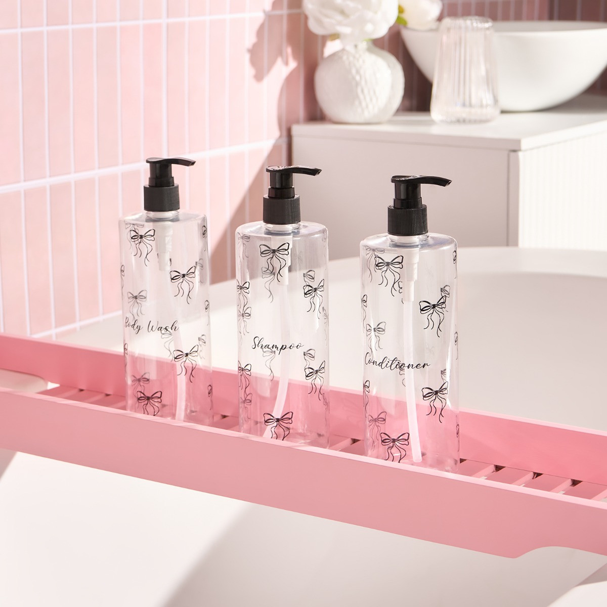 OHS Bows Dispenser Bottles, Clear/Black - 3 Pack>