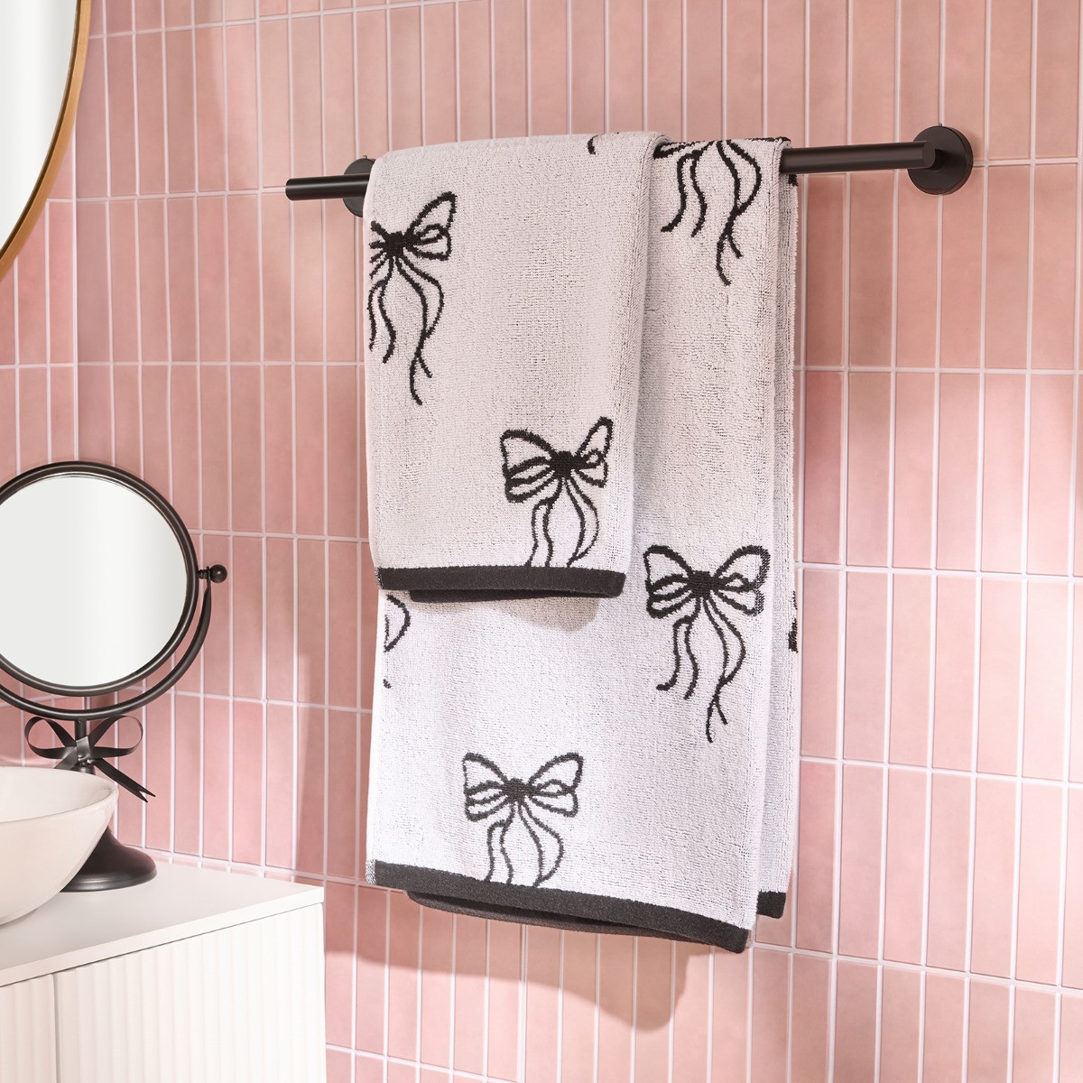 OHS 100% Cotton Bow Print Hand Towel - Monochrome>
