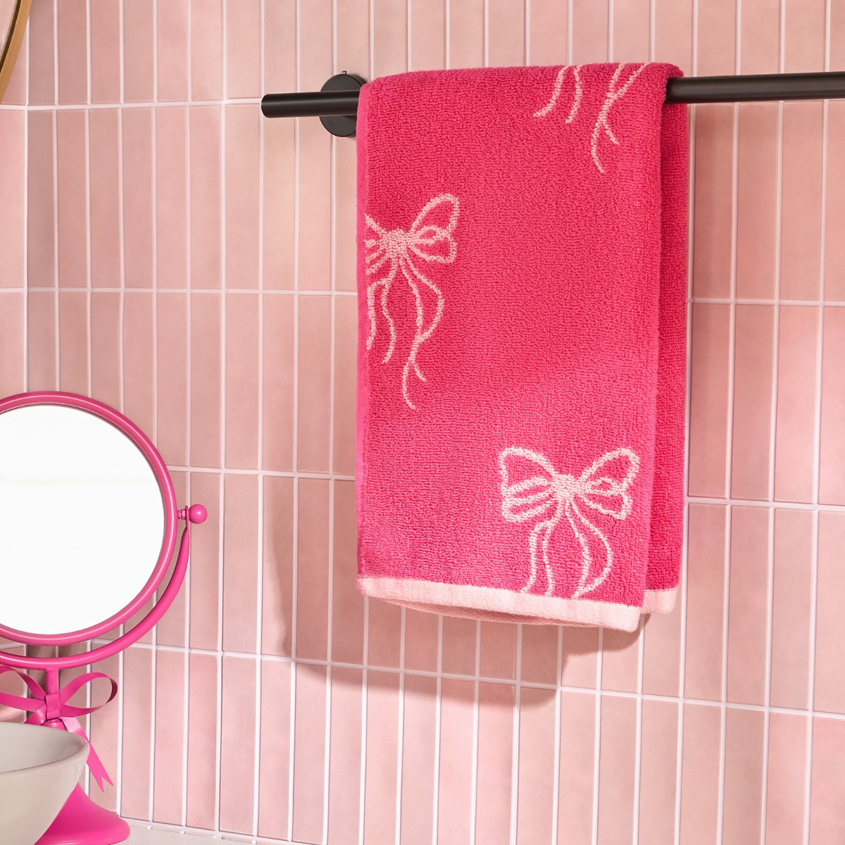 OHS 100% Cotton Bow Print Hand Towel - Pink>