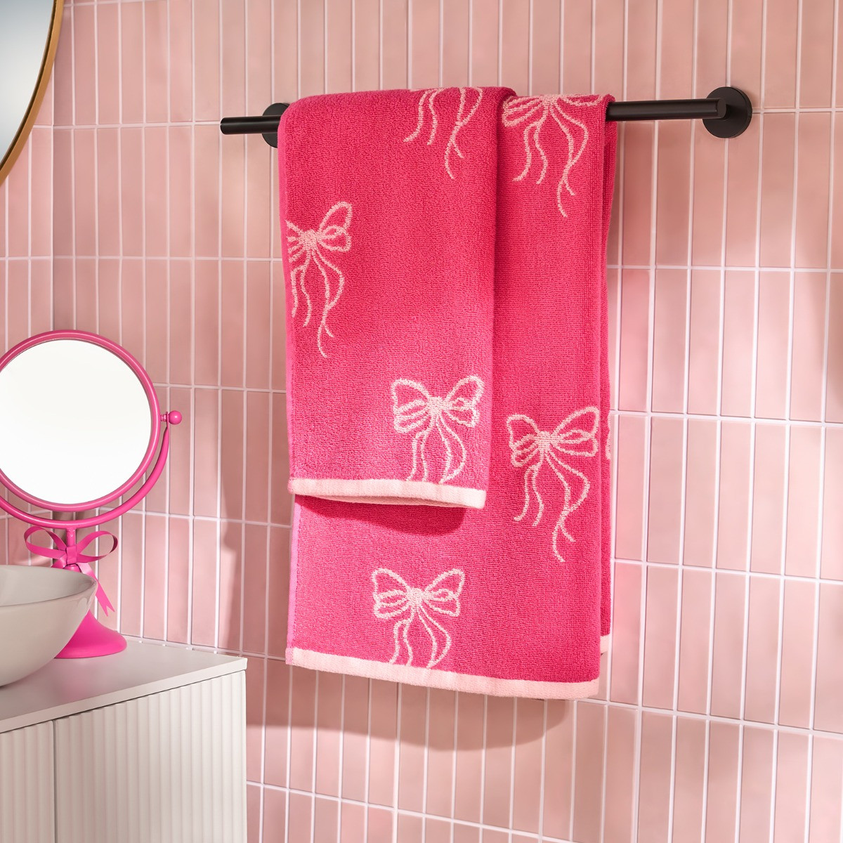 OHS 100% Cotton Bow Print Hand Towel - Pink>