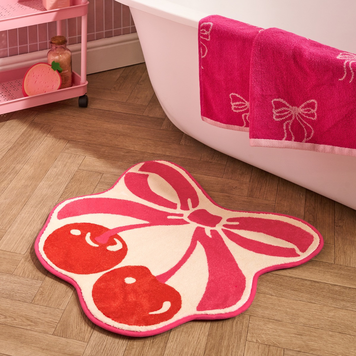 OHS Cherry Bow Print Velvet Bath Mat - Pink>