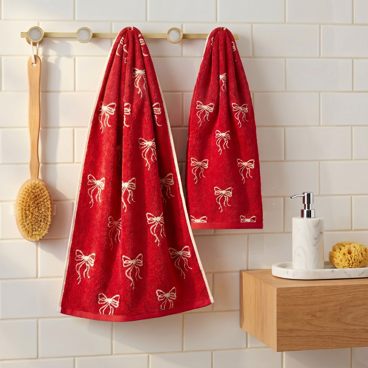 OHS 100% Cotton Bow Print Hand Towel - Red>