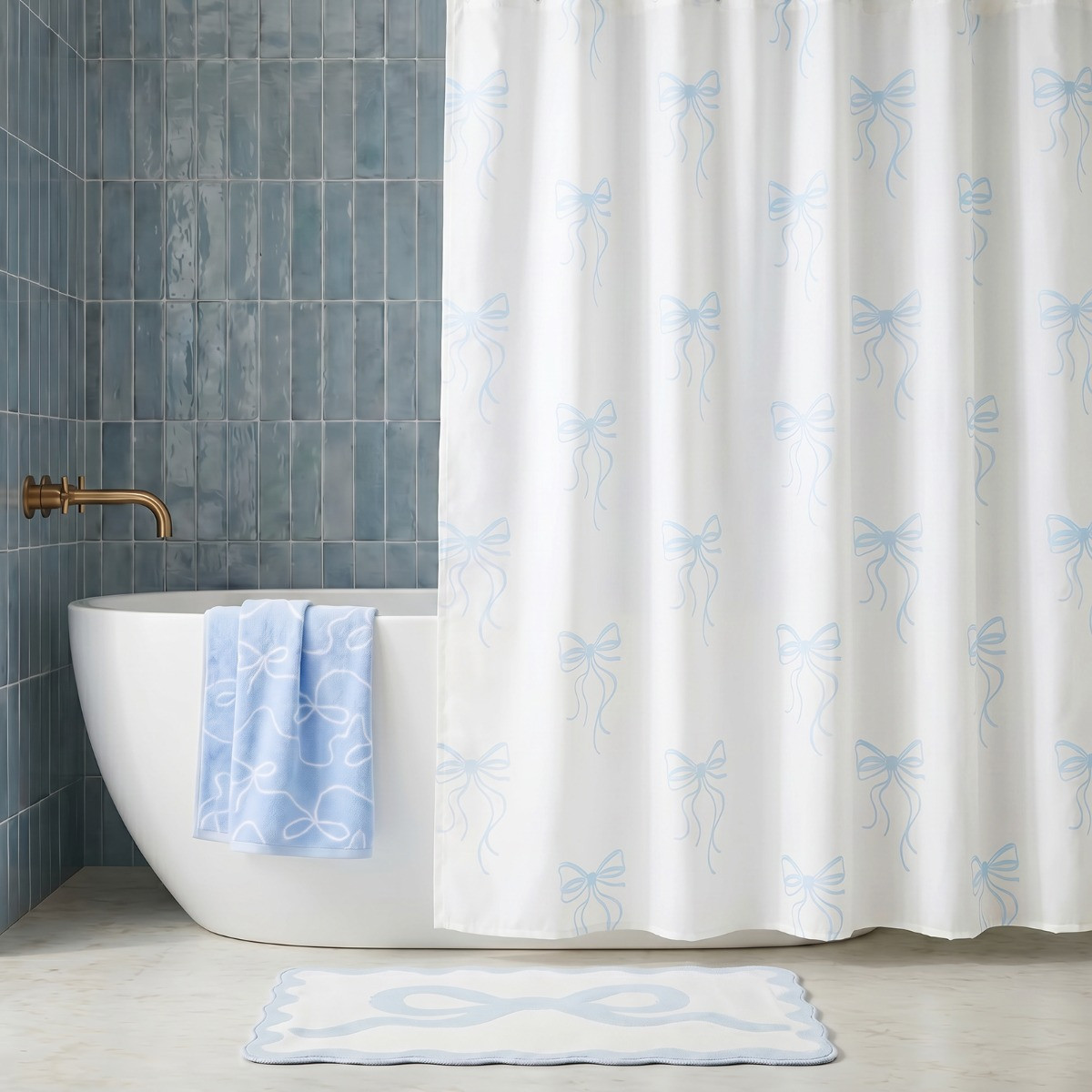 OHS Bow Print Shower Curtain - White/Blue>