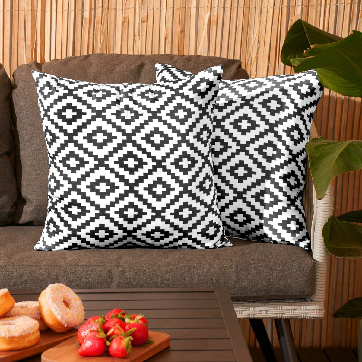 OHS Indoor/Outdoor Geo Print Cushion Covers with Cushion Pads, - Black/White>