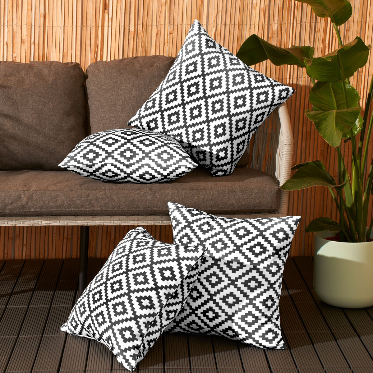 OHS Indoor/Outdoor Geo Print Cushion Covers with Cushion Pads, - Black/White>