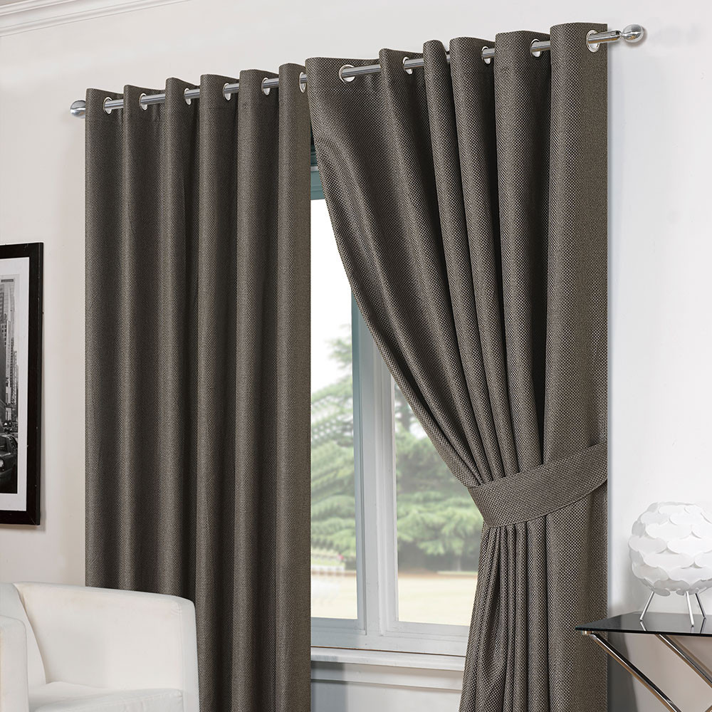 Luxury Basket Weave Lined  Eyelet Curtains with Tiebacks - Charcoal>