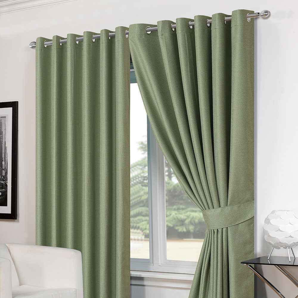 Luxury Basket Weave Lined  Eyelet Curtains with Tiebacks - Soft Green 90"x72">