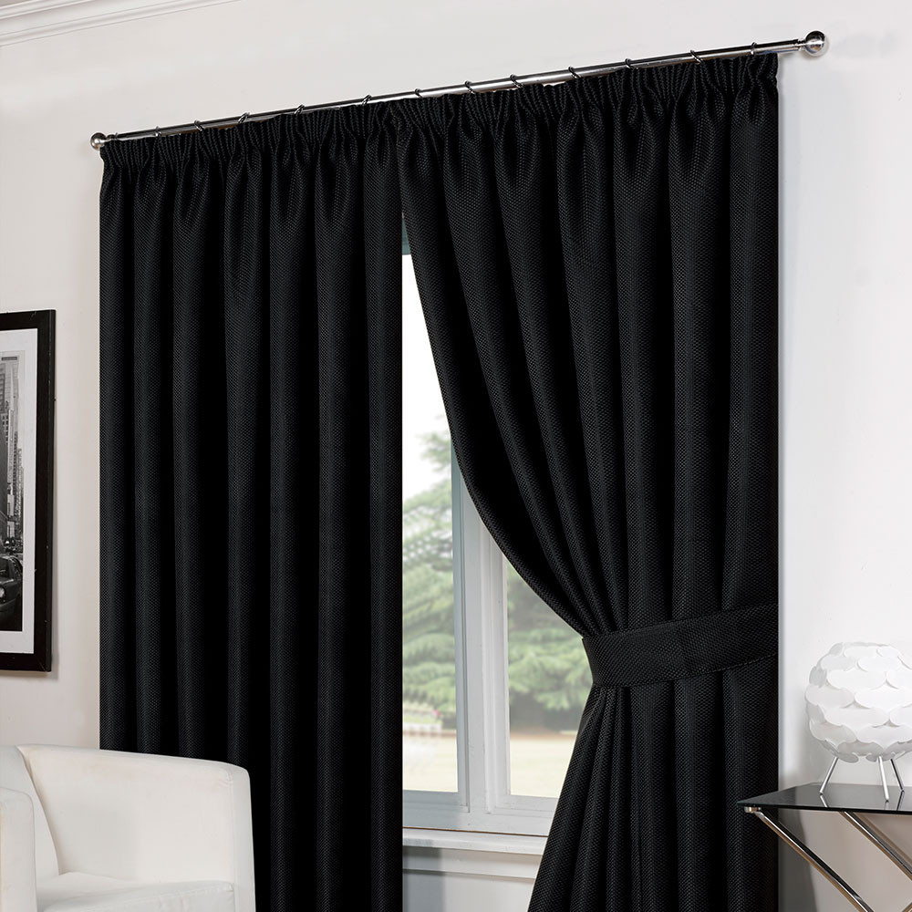 Luxury Basket Weave Lined  Tape Top Curtains with Tiebacks - Black 66x72>