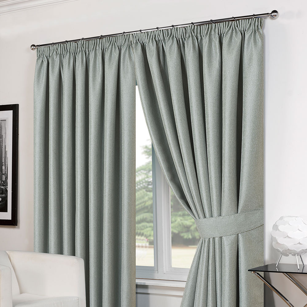 Luxury Basket Weave Lined  Tape Top Curtains with Tiebacks - Duck Egg 66x72>