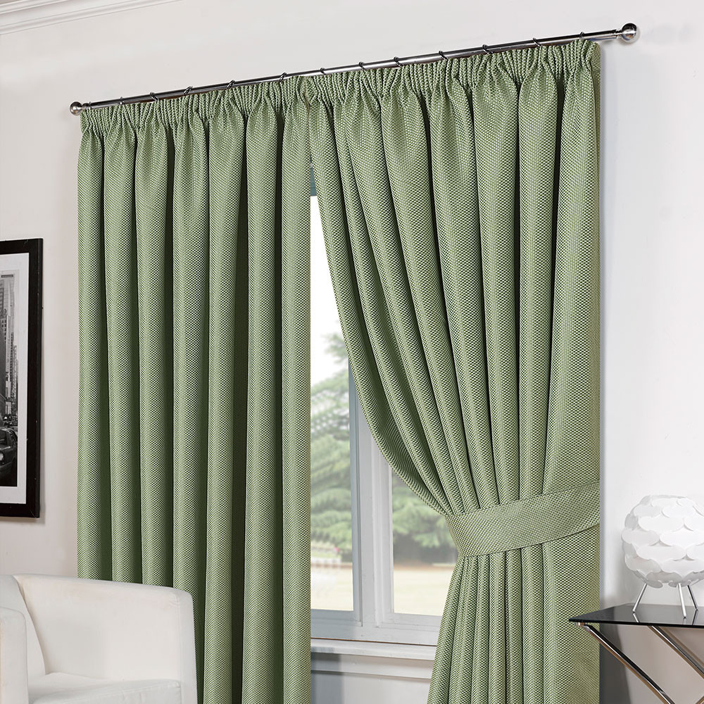 Luxury Basket Weave Tape Top Lined Curtains with Tiebacks - Soft Green 66"x90">